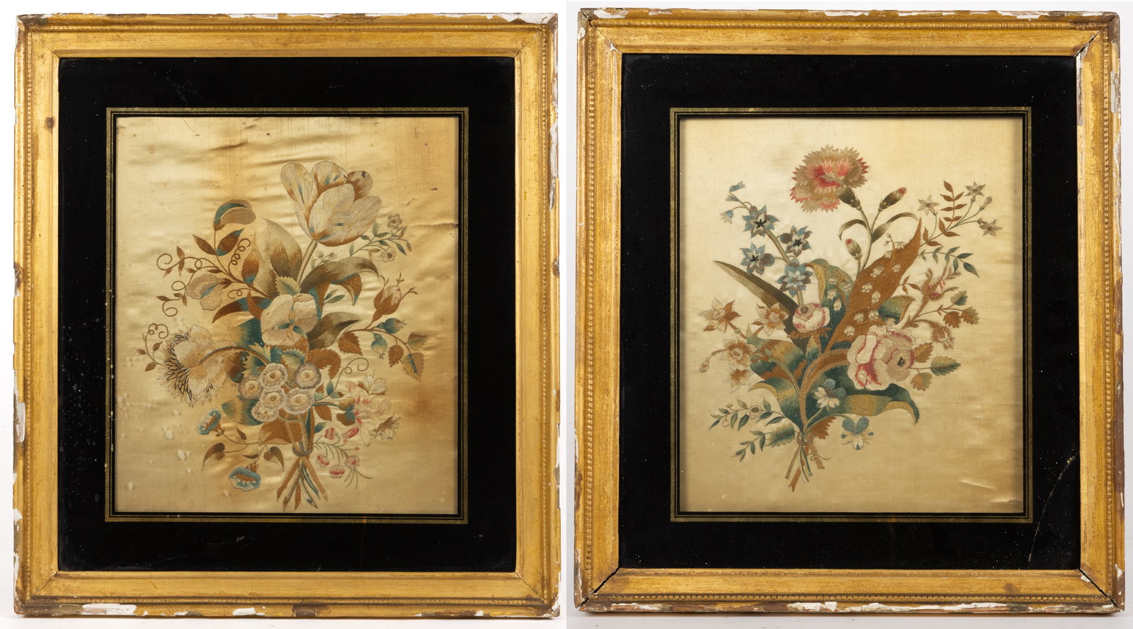 BRITISH SILK-EMBROIDERED NEEDLEWORK PICTURES OF FLOWERS, PAIRING (1 of 6)