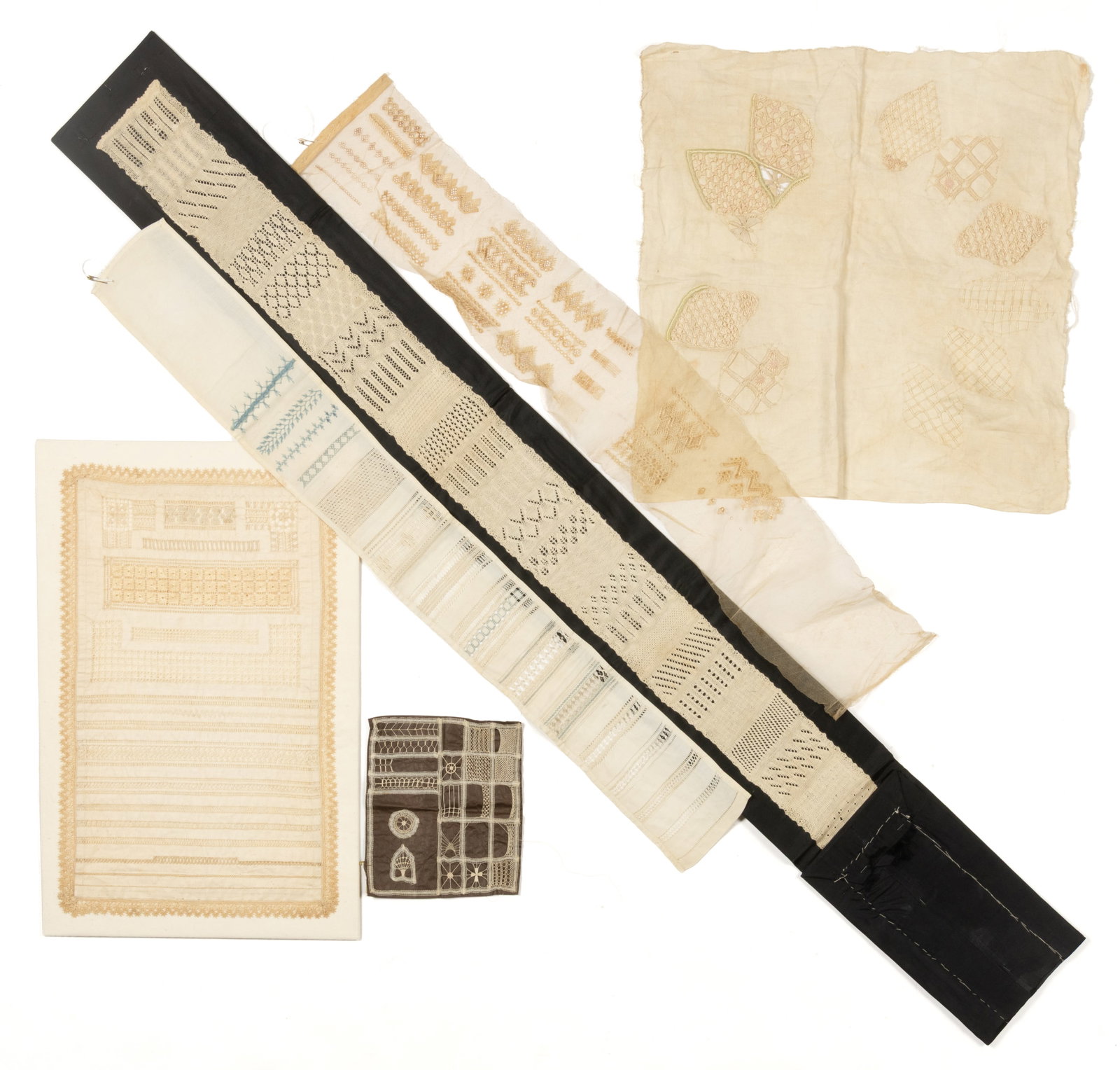 AMERICAN AND OTHER WHITEWORK / LACE AND KNITTING NEEDLEWORK SAMPLERS, LOT OF SIX (1 of 1)