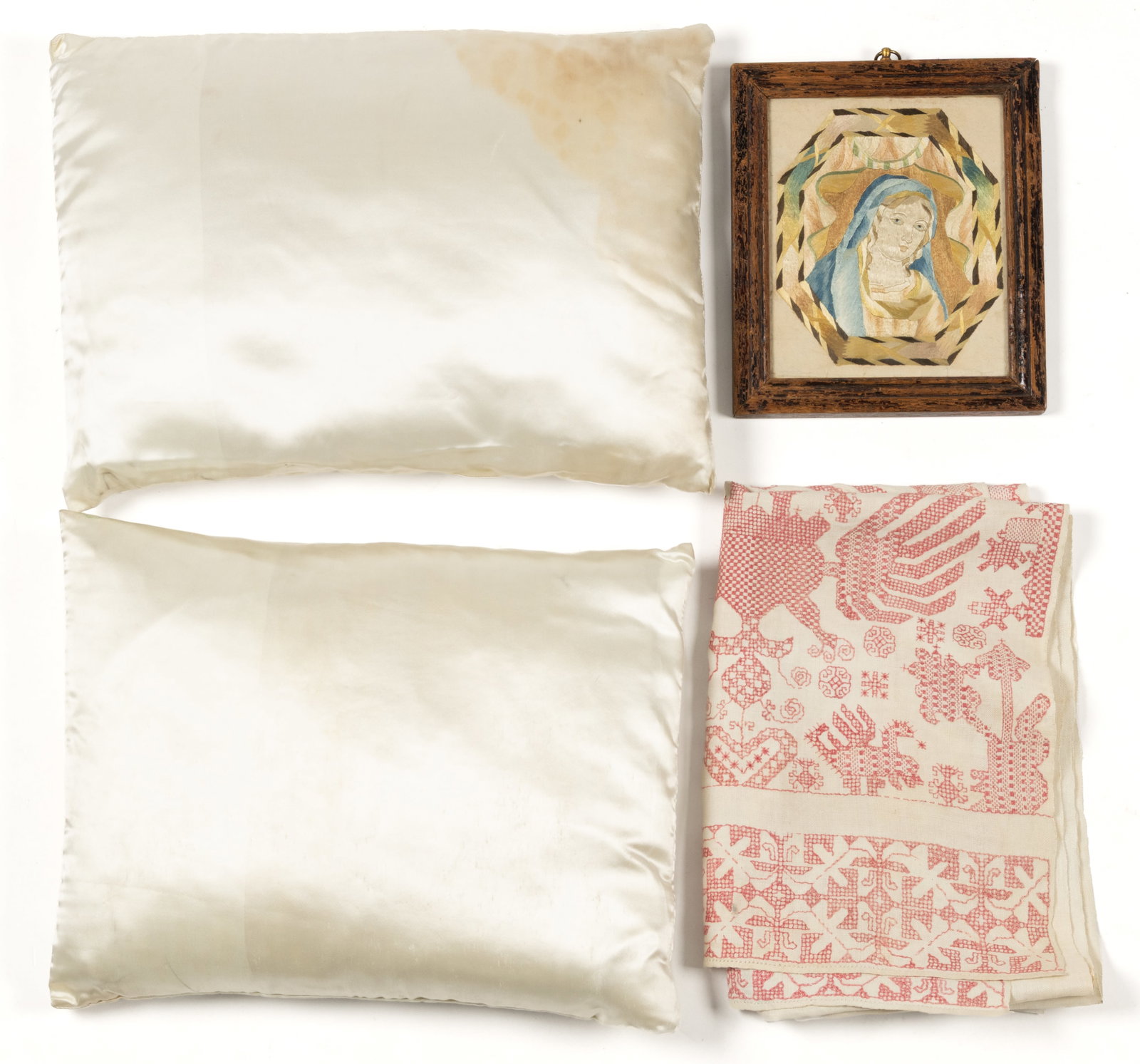 AMERICAN AND EUROPEAN RELIGIOUS-ASSOCIATED TEXTILE ARTICLES, LOT OF FOUR: AMERICAN AND EUROPEAN RELIGIOUS-ASSOCIATED TEXTILE ARTICLES, LOT OF FOUR, comprising a Continental, possibly French, needlework religious portrait, silk on laid paper, depicting the Madonna / Virgin M