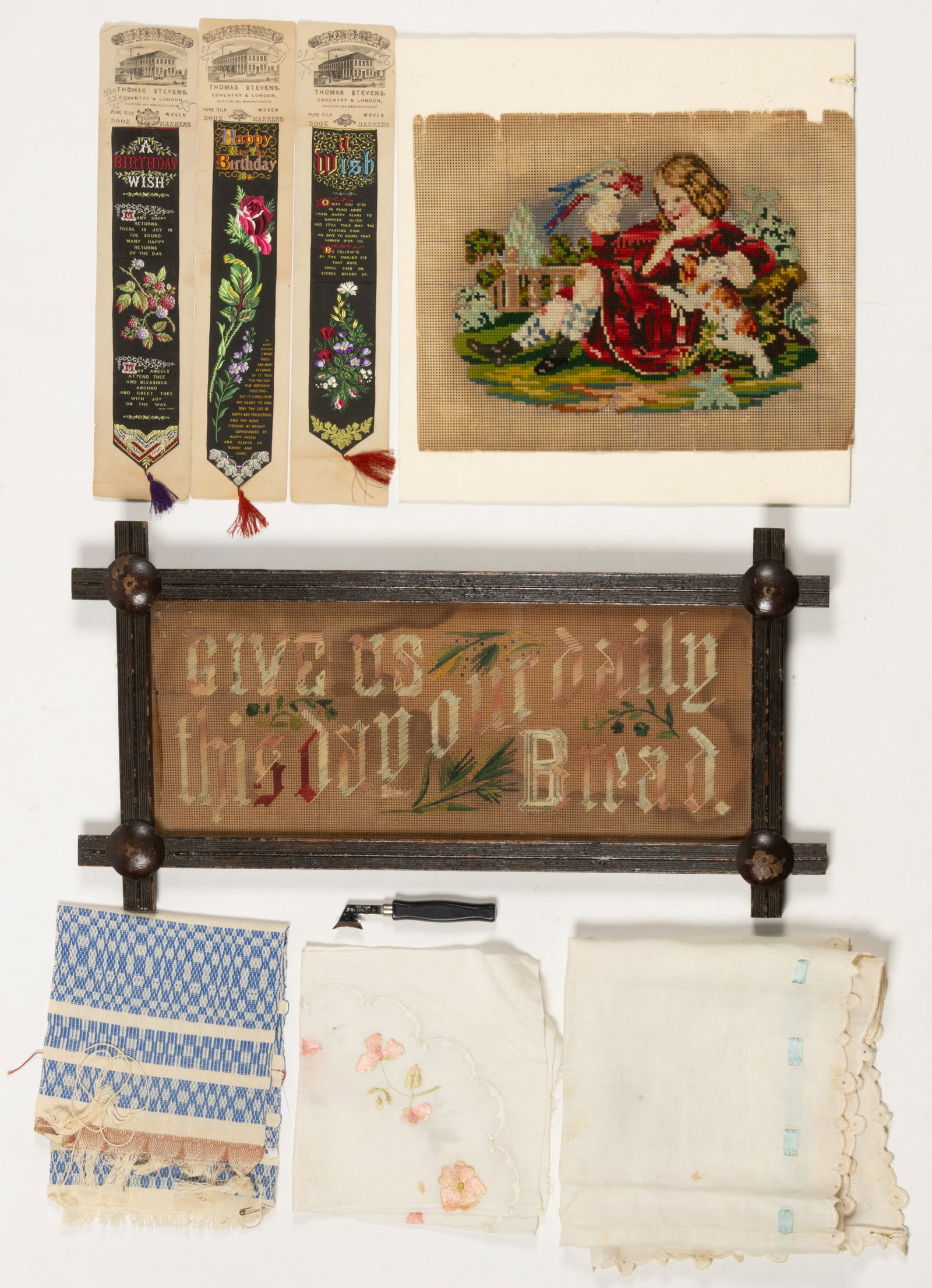 ANTIQUE AND VINTAGE TEXTILE AND NEEDLEWORK ARTICLES AND RELATED TOOL, LOT OF NINE (1 of 4)