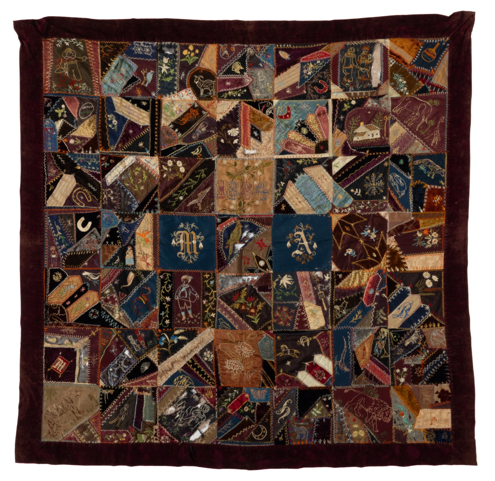 AMERICAN, POSSIBLY VIRGINIA, DATED CRAZY QUILT-TYPE EMBROIDERED AND PIECED BED / TABLE COVER (1 of 7)