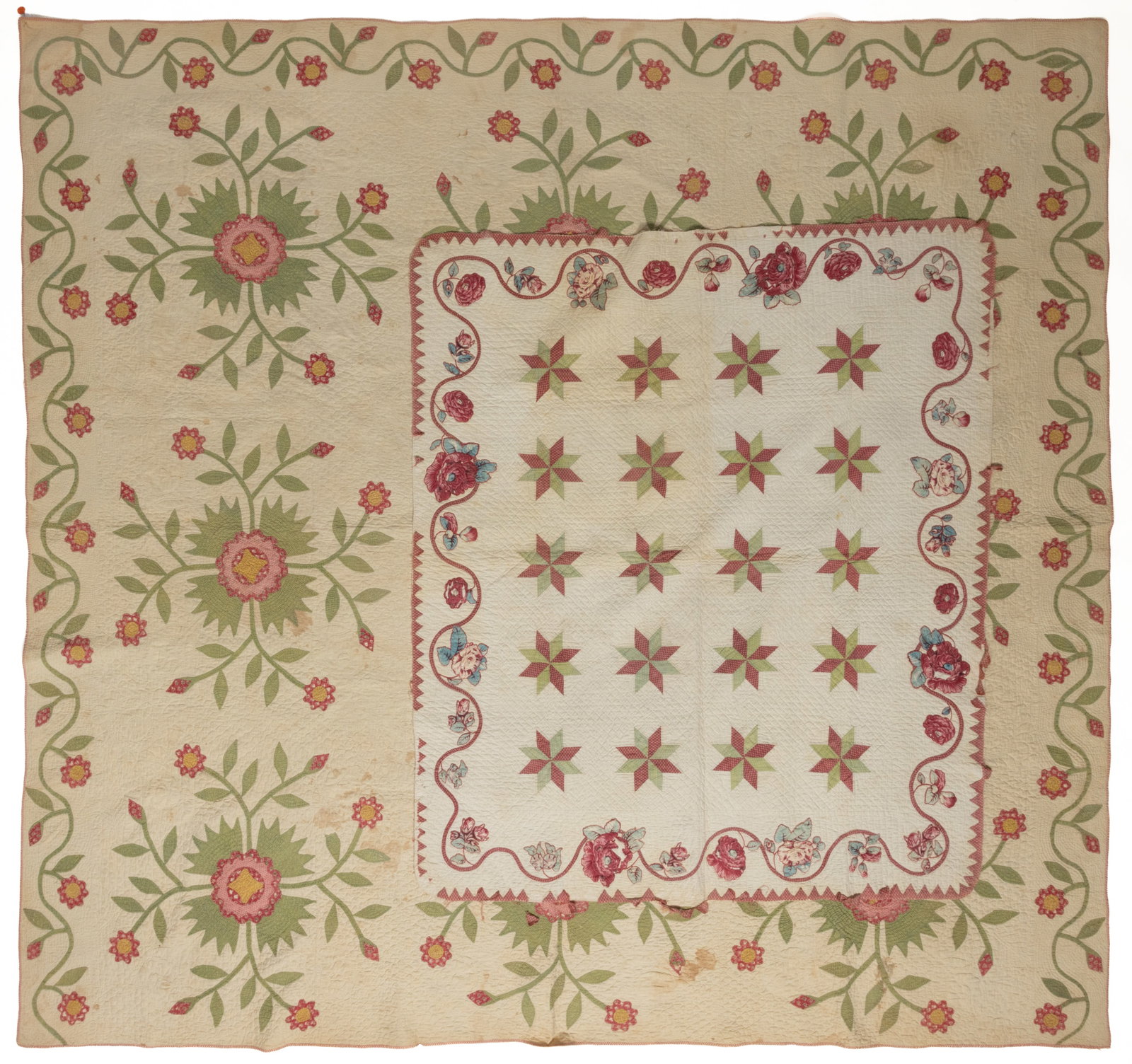 VIRGINIA AND OTHER APPLIQUE AND PIECED QUILTS, LOT OF TWO: VIRGINIA AND OTHER APPLIQUE AND PIECED QUILTS, LOT OF TWO, hand-stitched; comprising a "Democrat / Whig Rose" applique quilt attributed to an unidentified Virginia maker, completed in green,