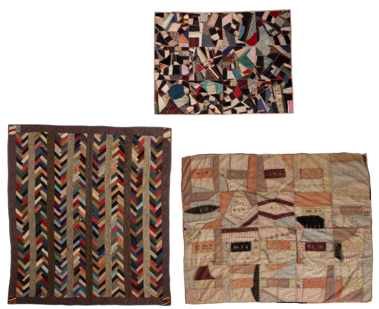 VIRGINIA AND OTHER "CRAZY QUILT"-TYPE AND "HERRINGBONE" PIECED QUILT AND RELATED BEDDING, LOT OF (1 of 11)