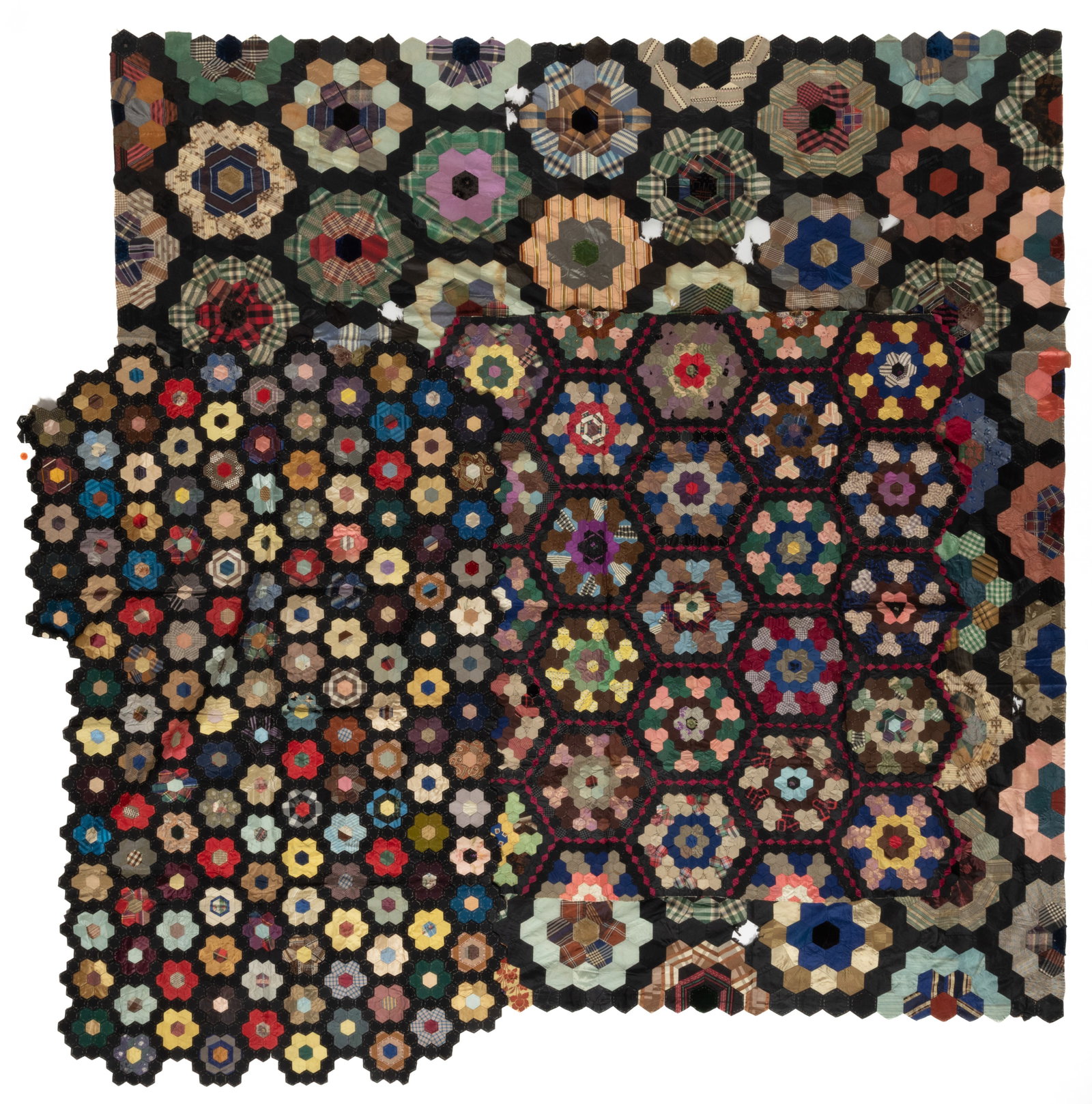 POSSIBLY VIRGINIA AND OTHER "GRANDMOTHER'S FLOWER GARDEN / HEXAGON" PIECED QUILT TOPS, LOT OF THREE: POSSIBLY VIRGINIA AND OTHER "GRANDMOTHER'S FLOWER GARDEN / HEXAGON" PIECED QUILT TOPS, LOT OF THREE, each hand-stitched, completed in print, woven, and solid fabrics, mainly being silks 