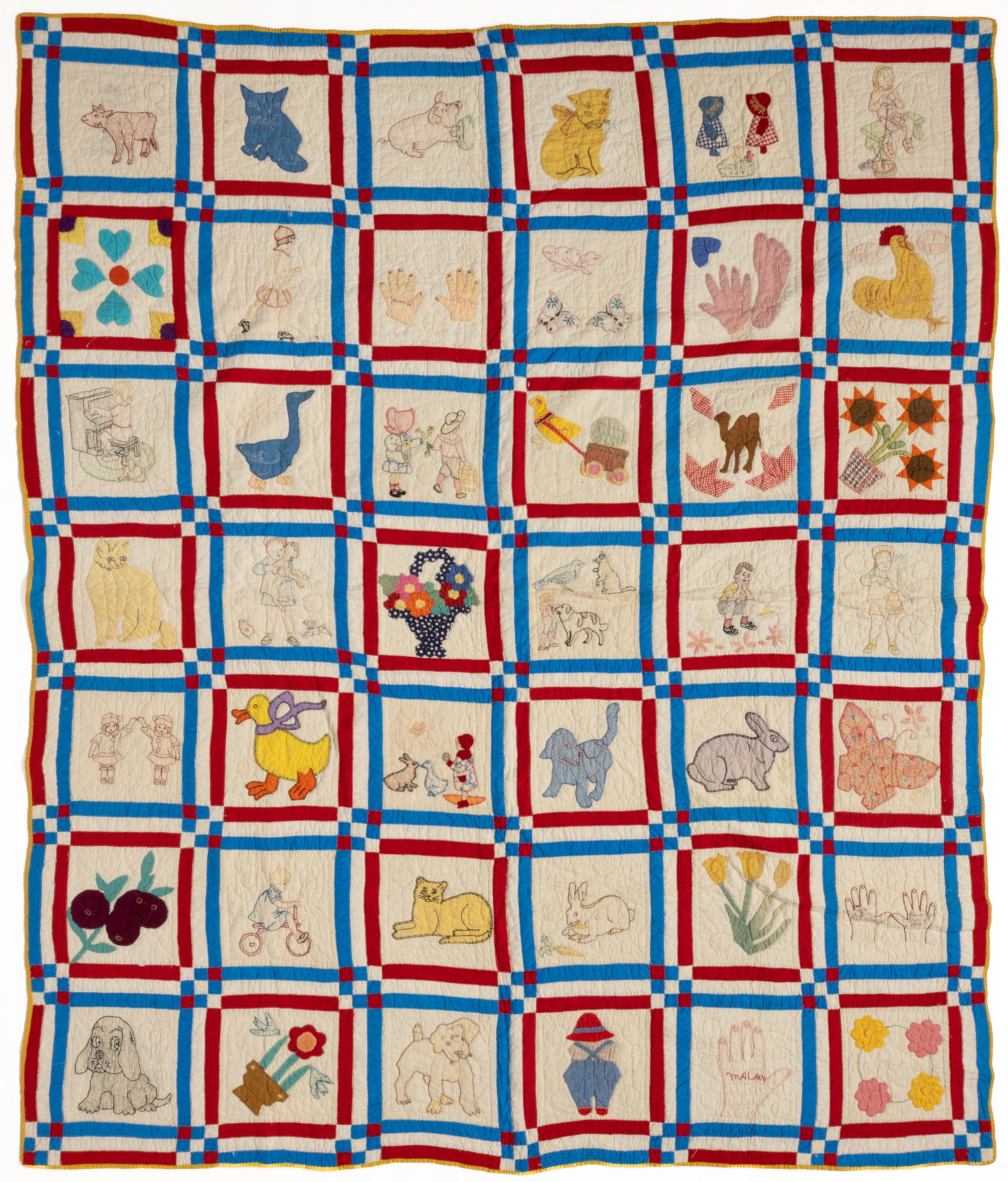 AMERICAN SIGNED AND DATED PICTORIAL APPLIQUE AND EMBROIDERED CHILDREN'S FRIENDSHIP / ALBUM QUILT (1 of 6)