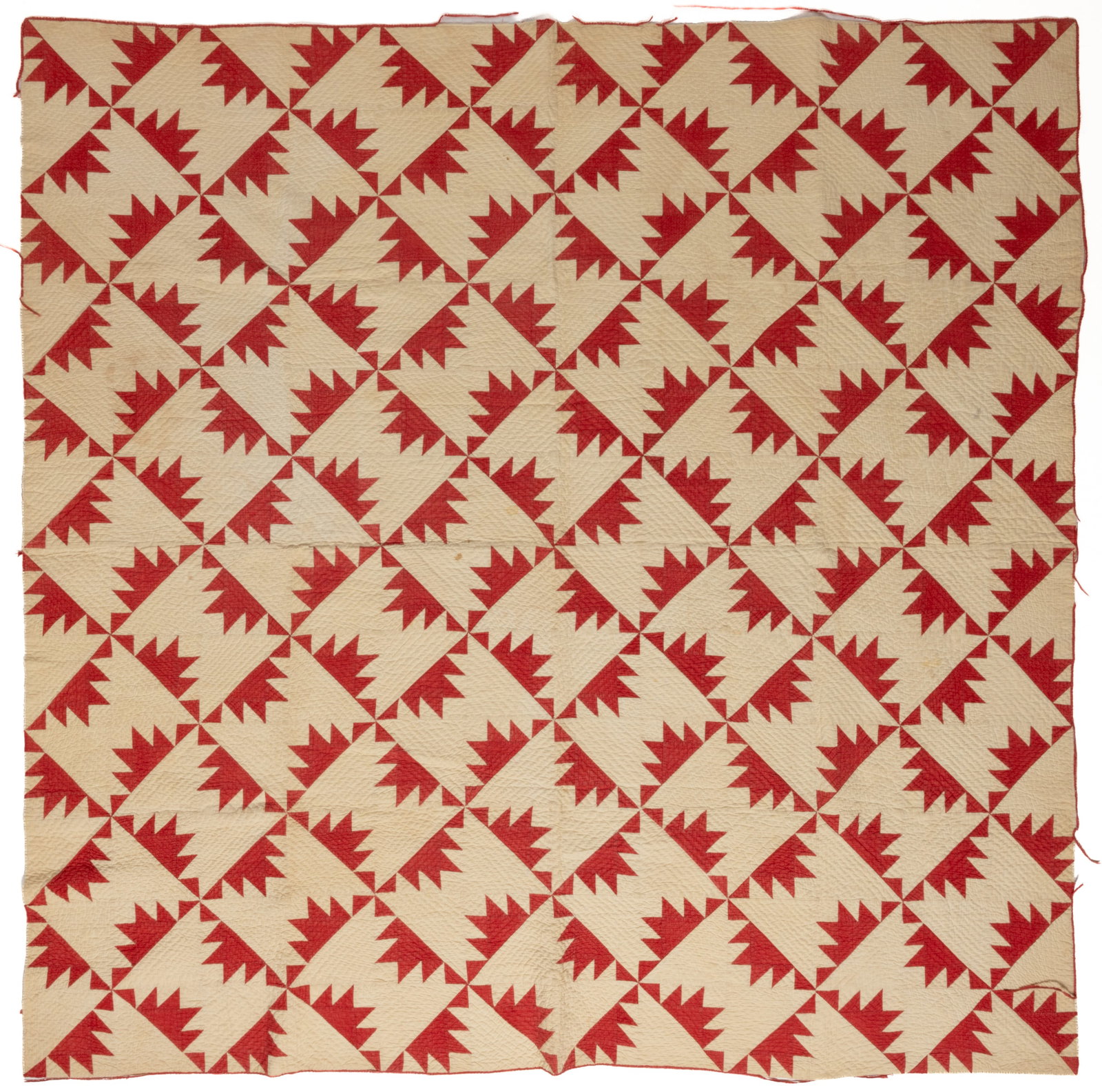 AMERICAN "KANSAS TROUBLES / GRAND RIGHT & LEFT" PIECED QUILT: AMERICAN "KANSAS TROUBLES / GRAND RIGHT & LEFT" PIECED QUILT, hand-stitched, completed in solid red and white, 36 pattern blocks with each made from four smaller blocks rotated to