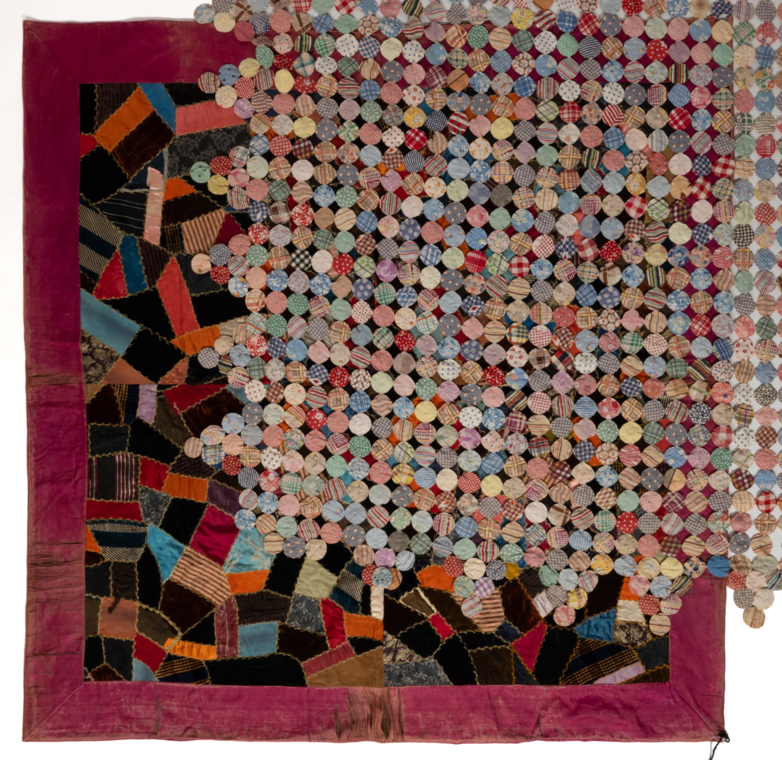 AMERICAN YO-YO AND "CRAZY QUILT"-TYPE PIECED BED COVERS, LOT OF TWO (1 of 10)