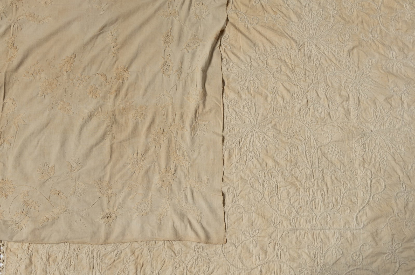 AMERICAN / ENGLISH TRAPUNTO WHITEWORK QUILT AND CANDLEWICK EMBROIDERY COUNTERPANE, LOT OF TWO (1 of 12)