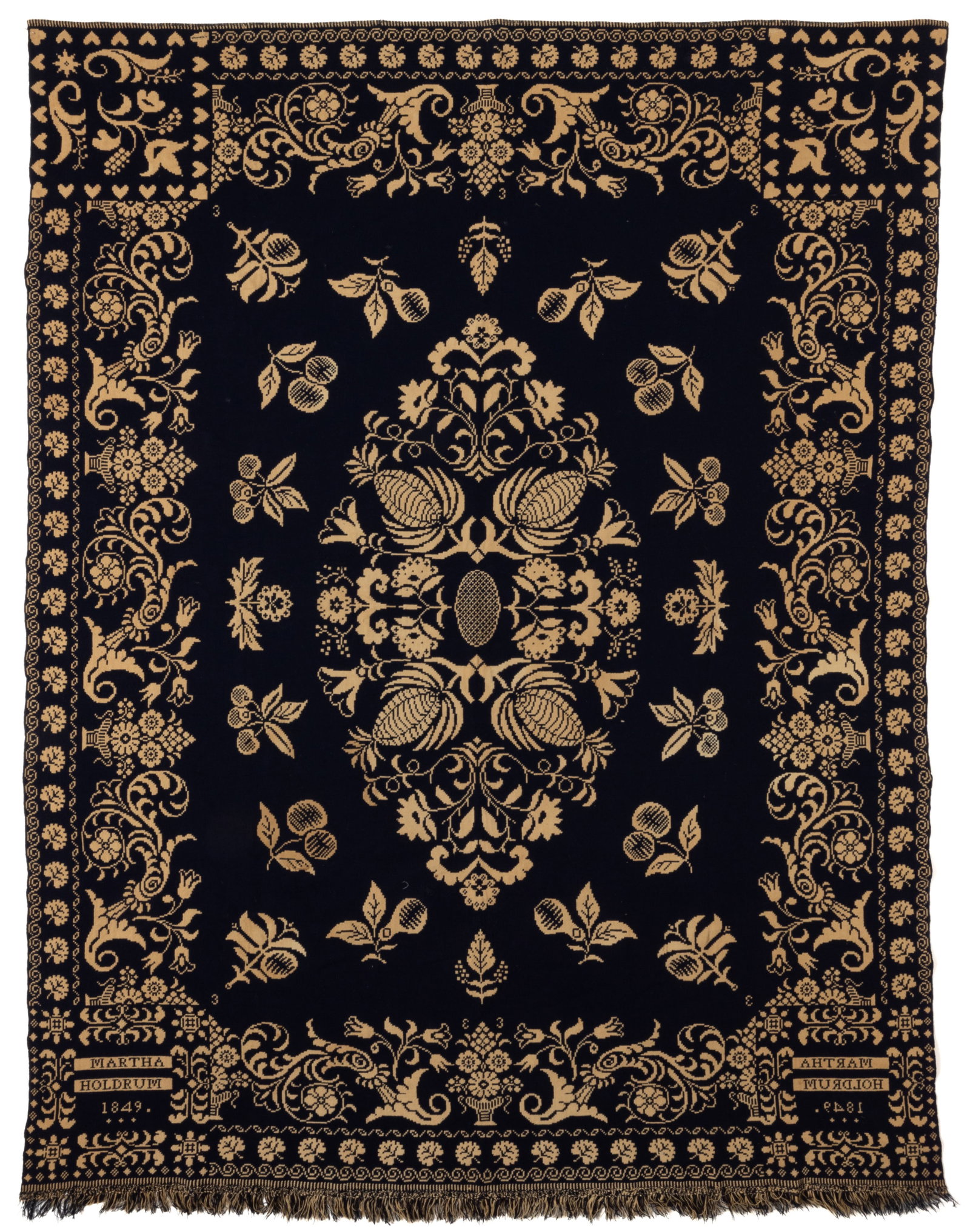 BERGEN CO., NEW JERSEY ATTRIBUTED DATED DOUBLE WEAVE COVERLET: BERGEN CO., NEW JERSEY ATTRIBUTED DATED DOUBLE WEAVE COVERLET, dark blue wool and natural cotton, whole panel, center featuring foliate ovoid medallion with pineapple motifs, surrounded by various