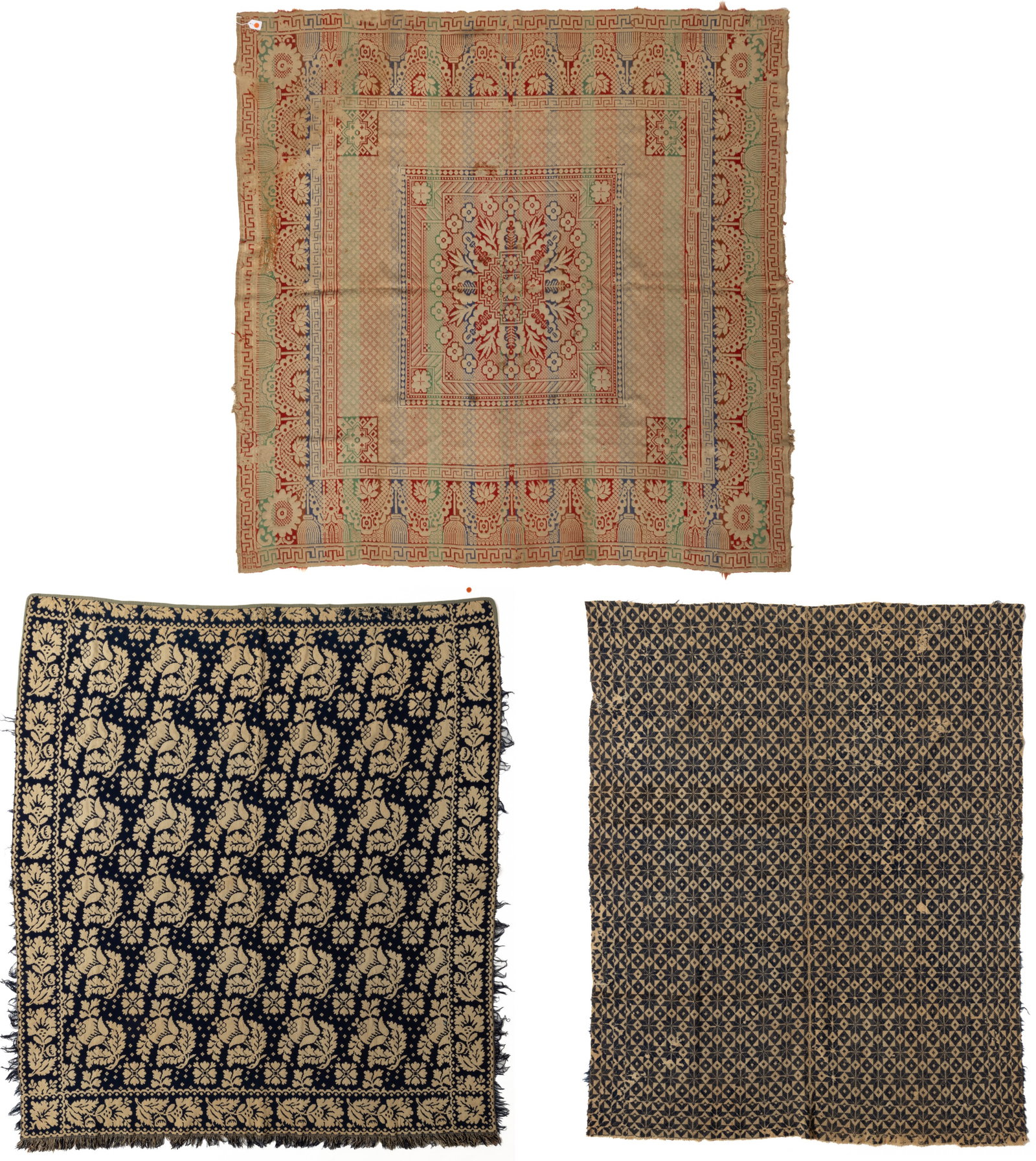 MID-ATLANTIC DOUBLE WEAVE AND OTHER COVERLETS, LOT OF THREE: MID-ATLANTIC DOUBLE WEAVE AND OTHER COVERLETS, LOT OF THREE, comprising a double weave example with dark blue wool and natural cotton, whole panel, having repeated floral pattern, all four sides with 