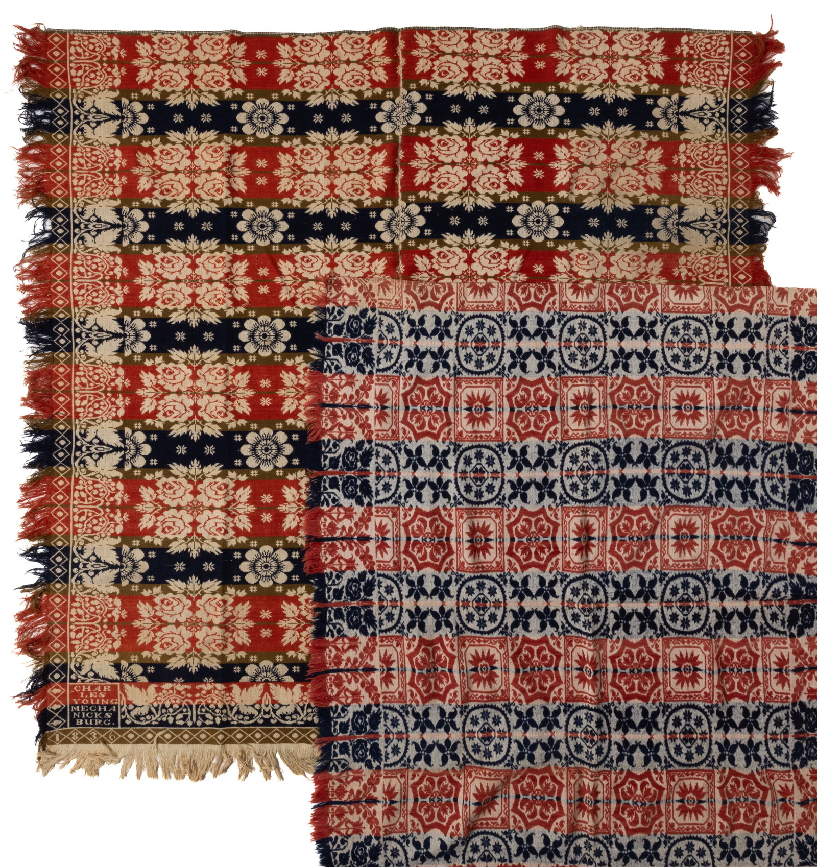 PENNSYLVANIA SIGNED AND DATED JACQUARD COVERLETS, LOT OF TWO: PENNSYLVANIA SIGNED AND DATED JACQUARD COVERLETS, LOT OF TWO, each with red and dark blue wool, and light blue and natural cotton, being two joined panels; comprising one also with brown wool, center 