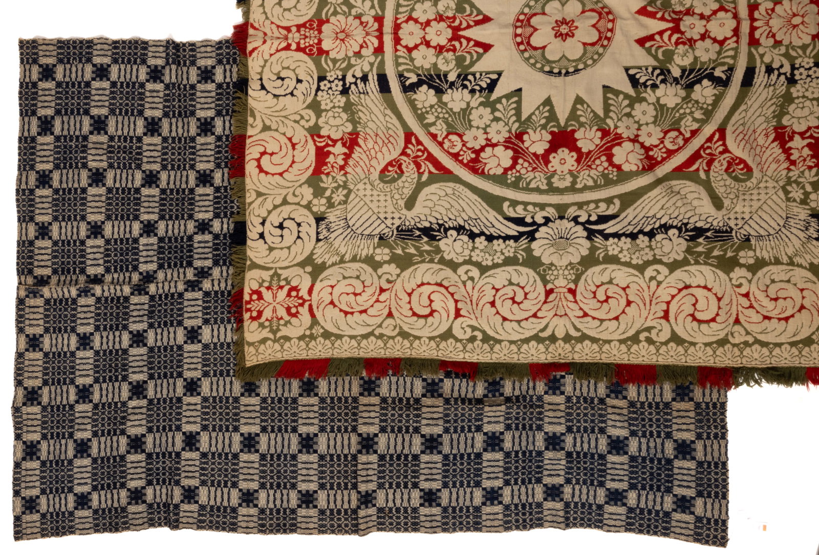 AMERICAN JACQUARD AND OVERSHOT COVERLETS, LOT OF TWO (1 of 8)