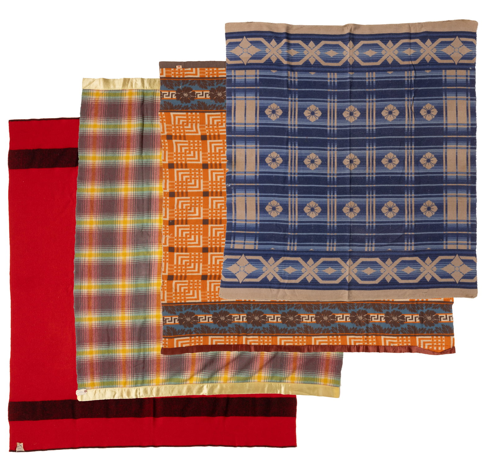 ESMOND WARMSPUN AND OTHER VINTAGE BLANKETS, LOT OF FOUR: ESMOND WARMSPUN AND OTHER VINTAGE BLANKETS, LOT OF FOUR, comprising a 71 1/2" x 72 1/4" Esmond Warmspun blanket in orange, blue, and grey colors, each end edge with fabric covering; a 71 1/4