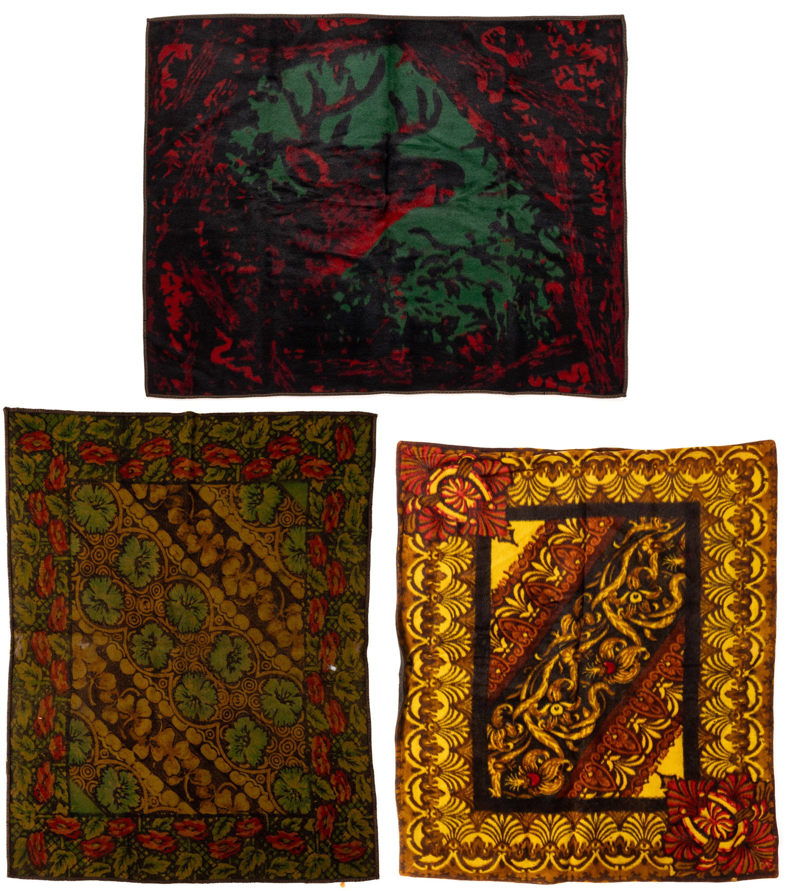 STROOCK AND OTHER MOHAIR / WOOL CARRIAGE LAP ROBES / BLANKETS, LOT OF THREE: STROOCK AND OTHER MOHAIR / WOOL CARRIAGE LAP ROBES / BLANKETS, LOT OF THREE, comprising one by S. Stroock & Co. of New York in red, green, and black featuring a large stag head in the design; one 