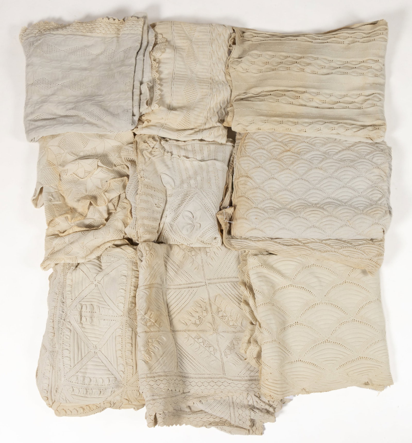 POSSIBLY VIRGINIA AND OTHER KNITTED / CROCHETED WHITE BEDSPREADS, LOT OF NINE (1 of 1)