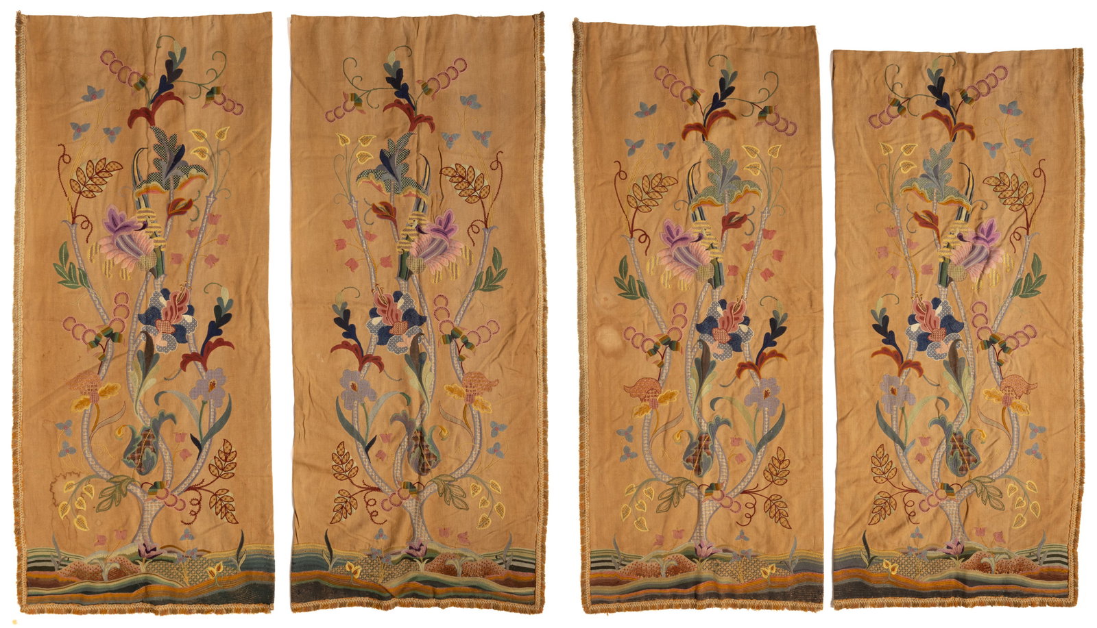 ANTIQUE / VINTAGE CREWELWORK EMBROIDERED CURTAINS, FOUR-PIECE SET (1 of 7)