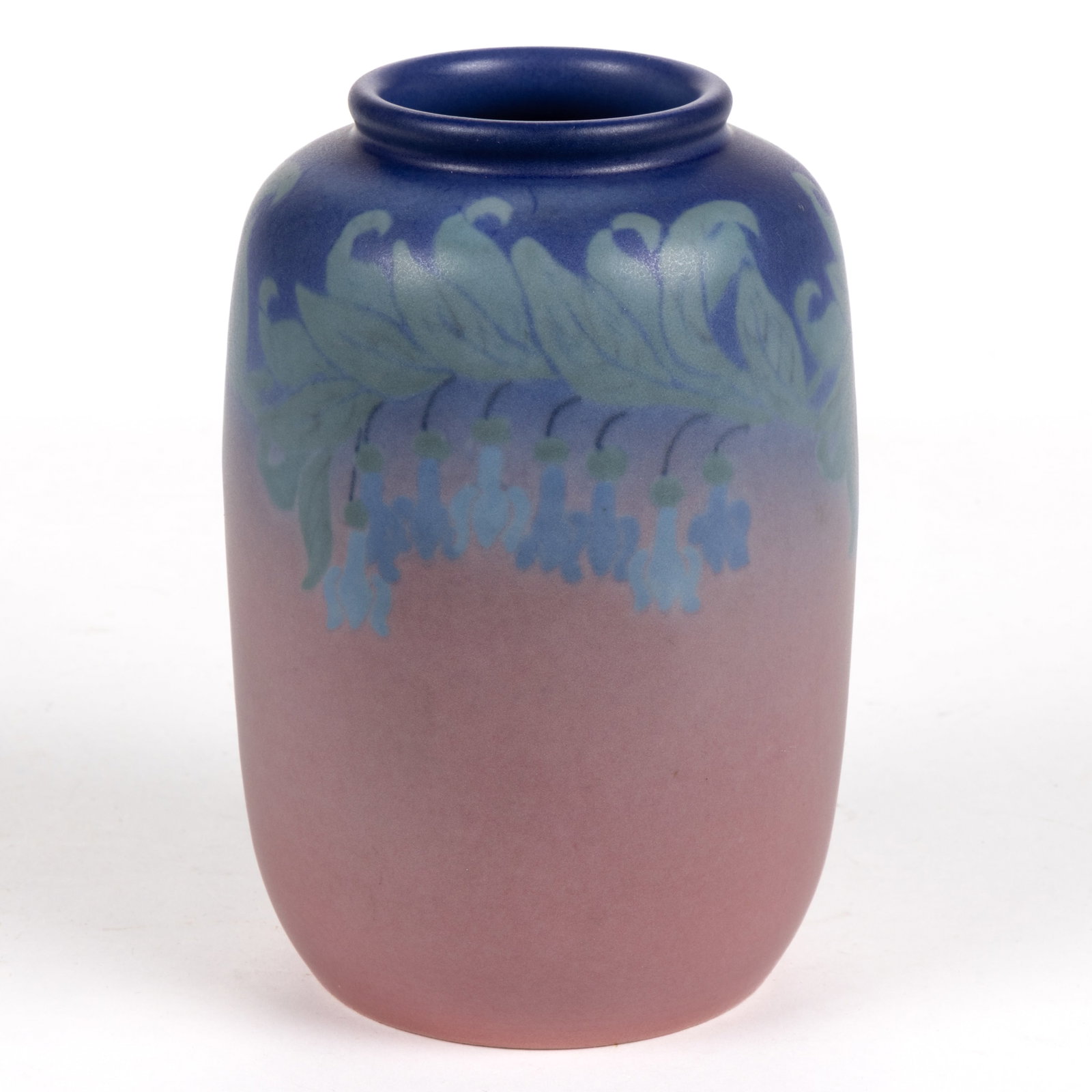 AMERICAN ROOKWOOD POTTERY SIGNED MARGARET HELEN MCDONALD (AMERICAN, 1893-1964) VASE: AMERICAN ROOKWOOD POTTERY SIGNED MARGARET HELEN MCDONALD (AMERICAN, 1893-1964) VASE, featuring dropped blue bell flowers beneath a foliated stem on blue to rose ground, impressed circular "MHM&qu