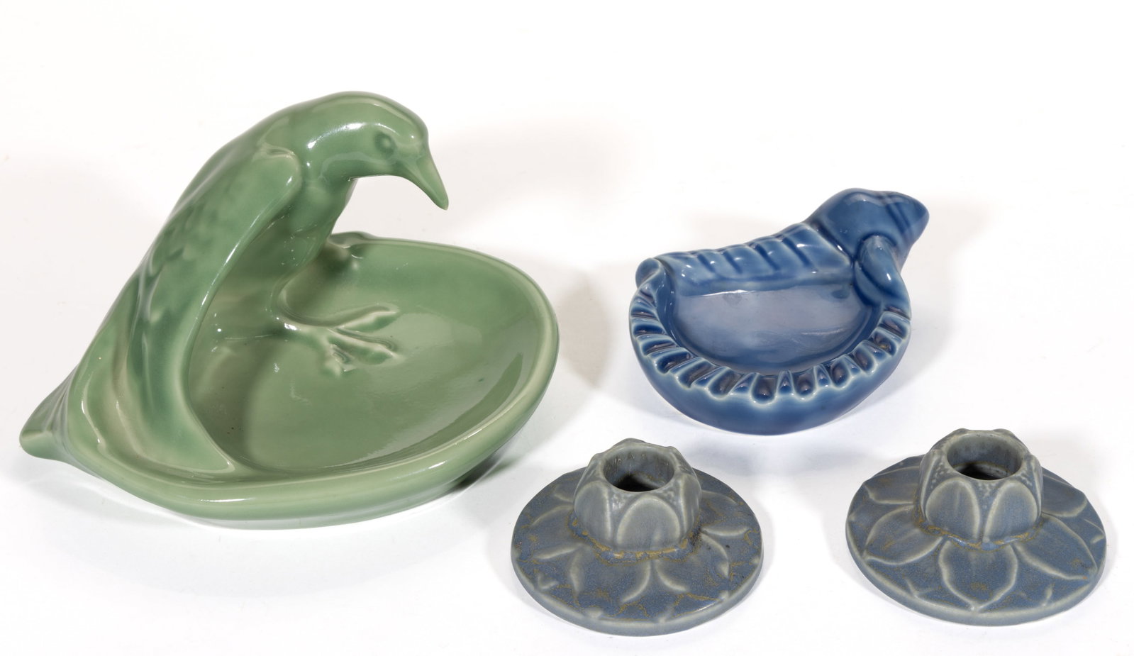 AMERICAN ROOKWOOD AND OTHER ART POTTERY ARTICLES, LOT OF FOUR: AMERICAN ROOKWOOD AND OTHER ART POTTERY ARTICLES, LOT OF FOUR, comprising a Kenton Hills shell-form ashtray having blue glaze, stamped "JB" for Julian Bechtold and a flower mark with &q
