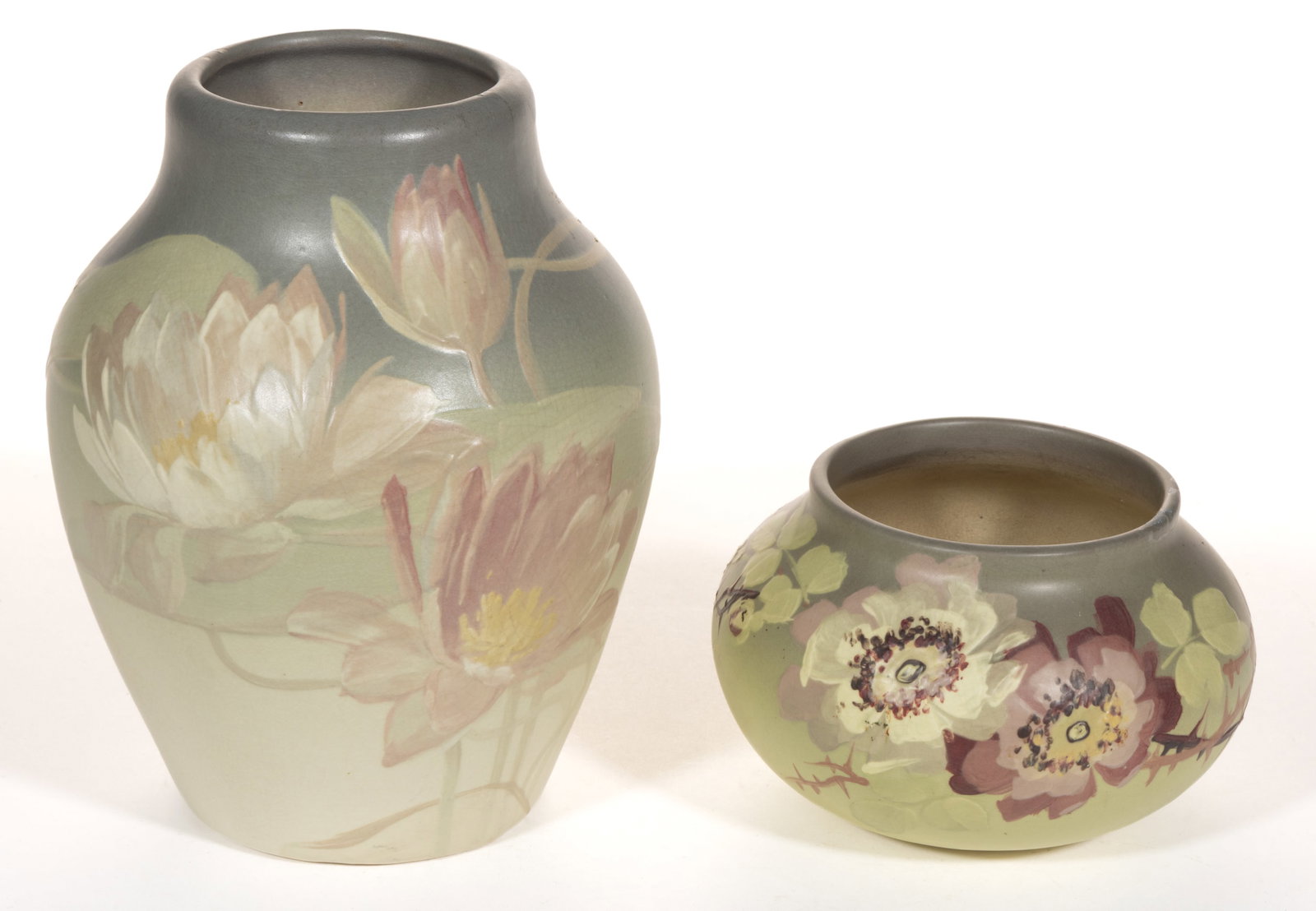 WELLER HUDSON HAND-PAINTED FLORAL MOTIF ART POTTERY VASES, LOT OF TWO (1 of 5)