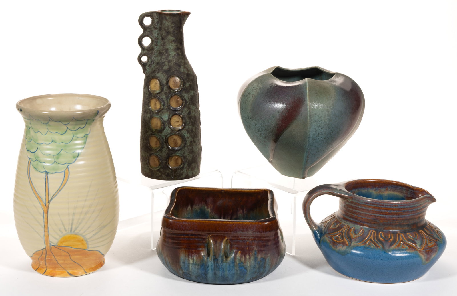 ASSORTED STUDIO / ART POTTERY ARTICLES, LOT OF FIVE: ASSORTED STUDIO / ART POTTERY ARTICLES, LOT OF FIVE, comprising an American Mark Bell hexagonal vase having mottled blue and purple glazes, Western Germany Toscana Brutalist-style ewer by Hans Welling