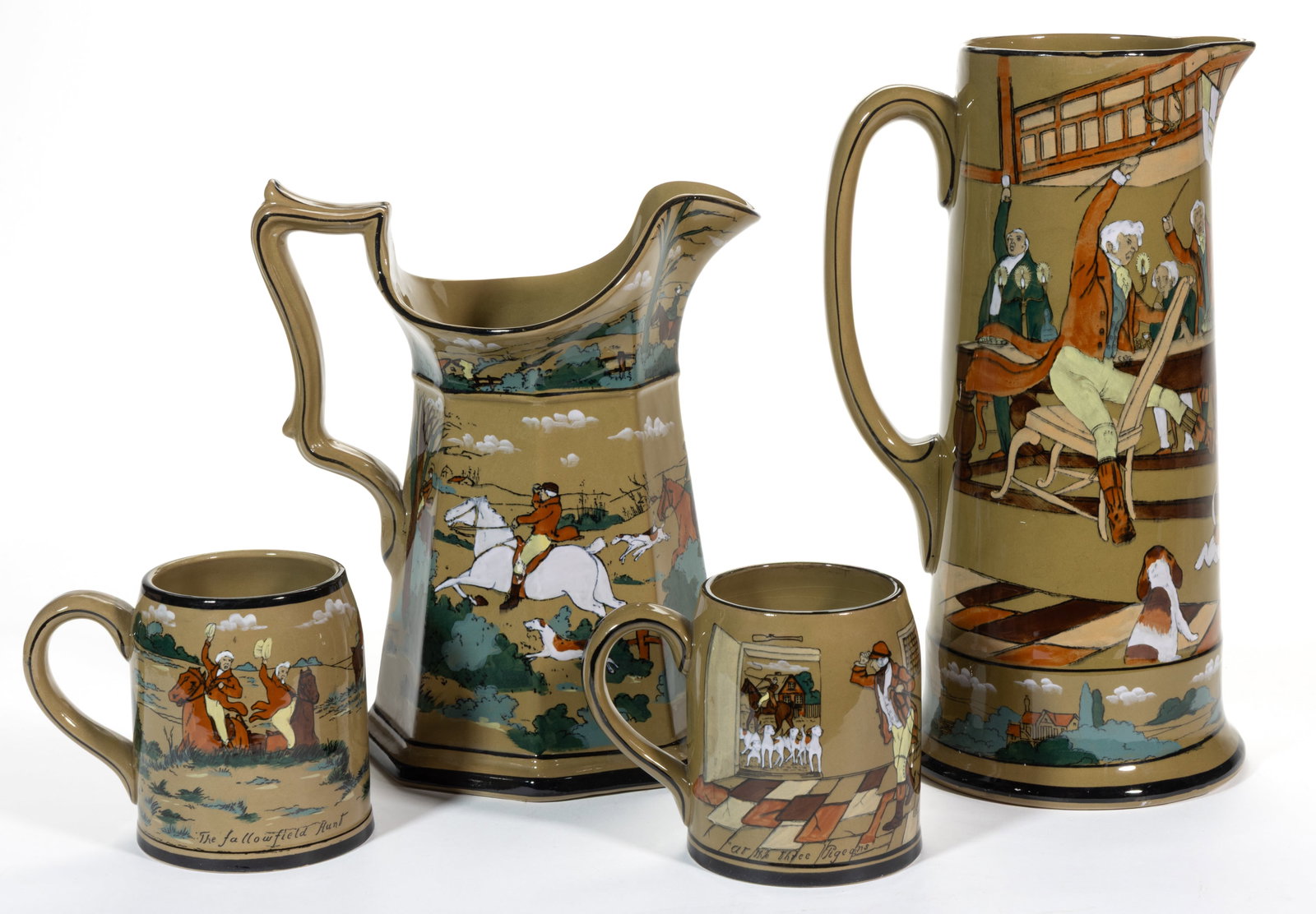 AMERICAN BUFFALO POTTERY DELDARE "FALLOWFIELD HUNT" CERAMIC DRINKING ARTICLES, LOT OF FOUR (1 of 2)