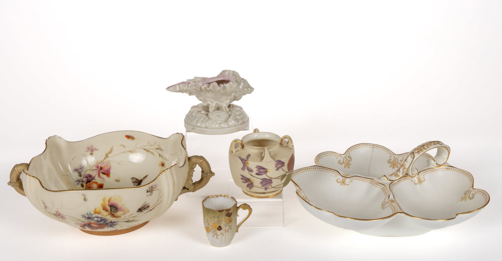 ENGLISH AND FRENCH IVORY CERAMIC ARTICLES, LOT OF FIVE (1 of 2)