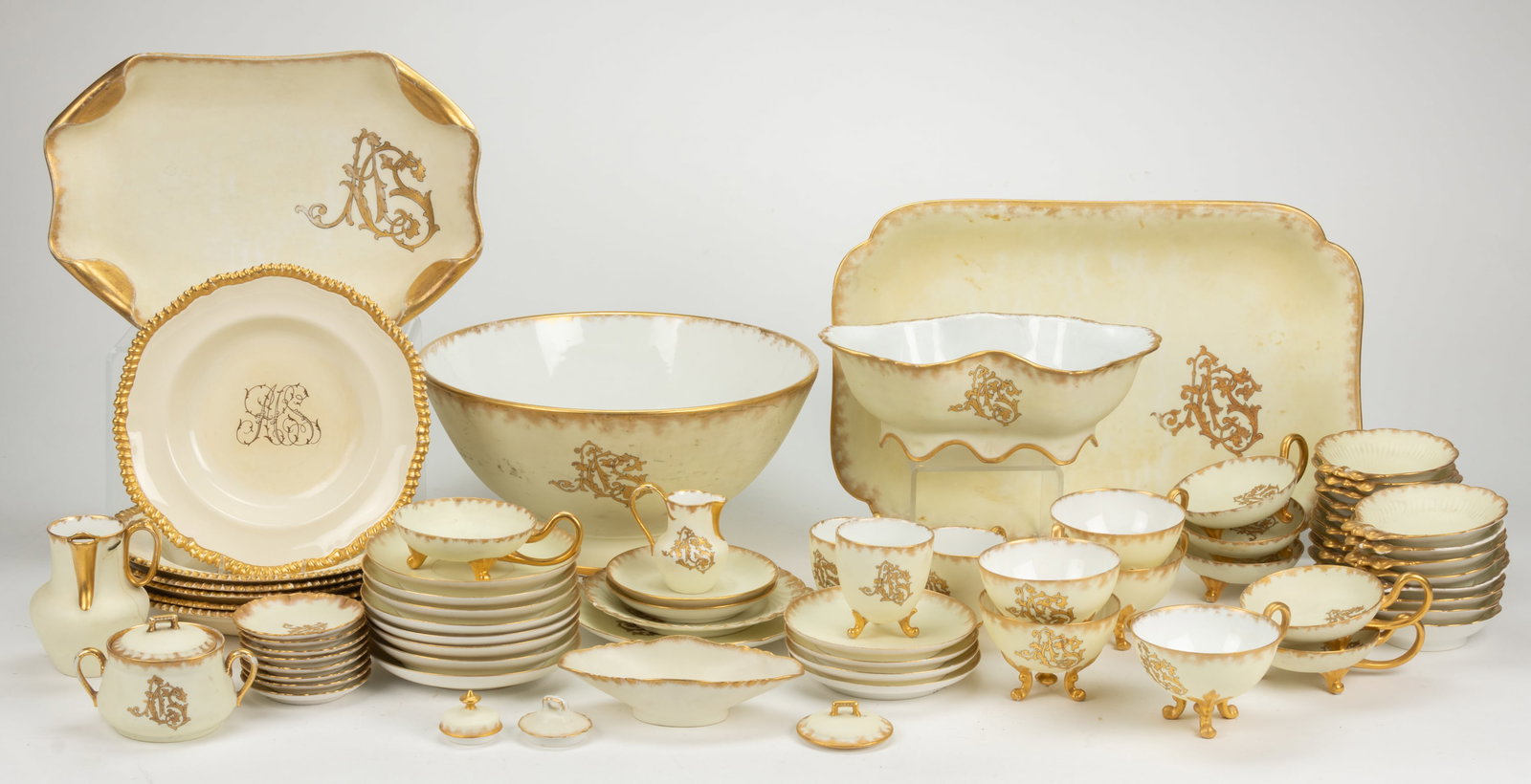 FRENCH LIMOGES AND ENGLISH COPELAND "ACS" MONOGRAMMED CERAMIC TEA AND TABLE ARTICLES, LOT OF 71 (1 of 2)
