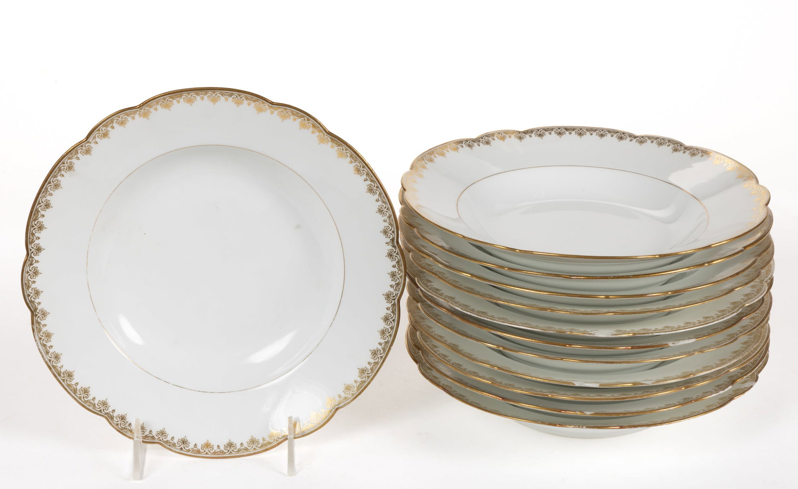 FRENCH LIMOGES PORCELAIN GILT-DECORATED SOUP PLATES, SET OF 12 (1 of 2)