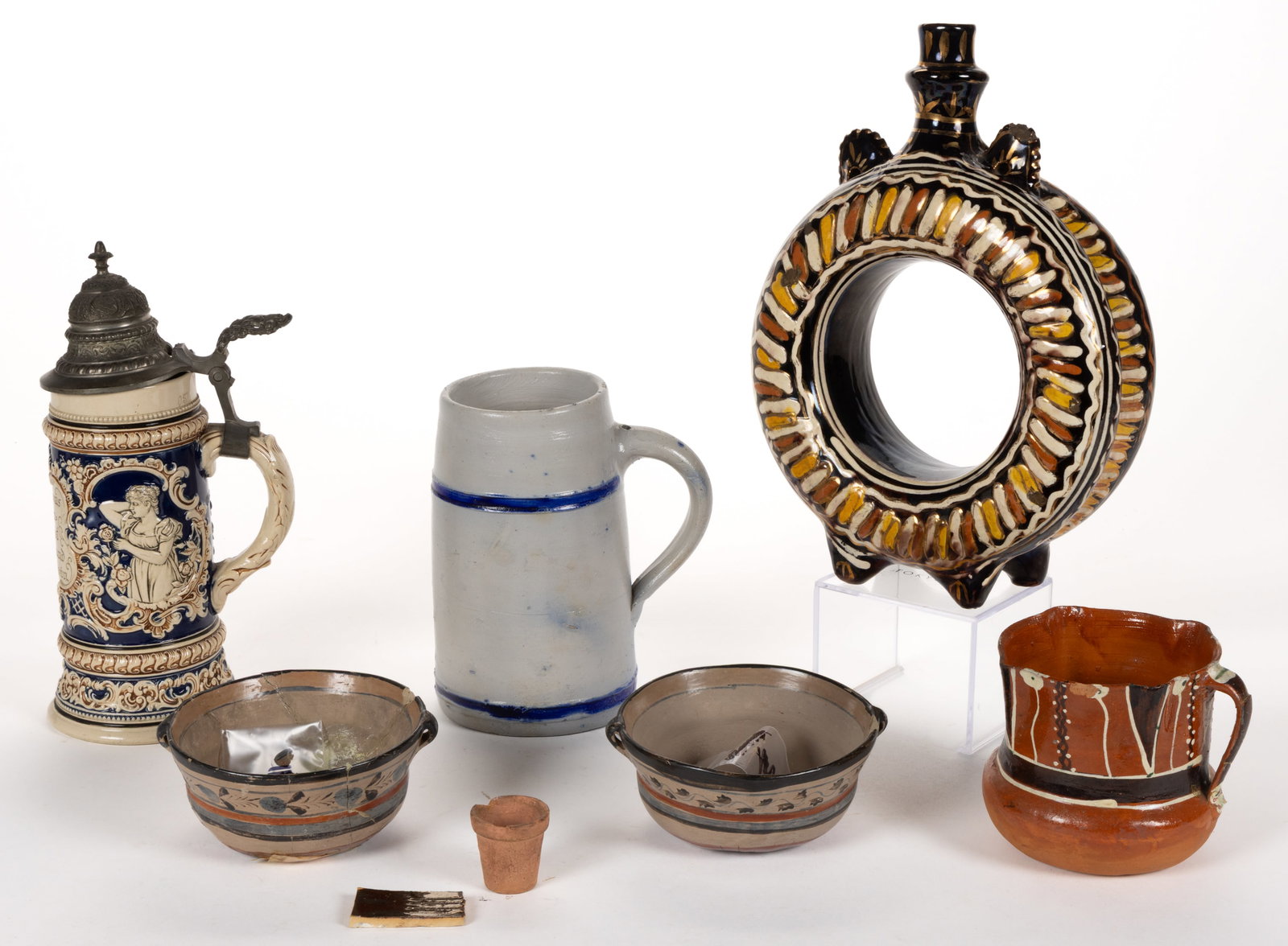 ASSORTED INTERNATIONAL CERAMIC ARTICLES, LOT OF EIGHT: ASSORTED INTERNATIONAL CERAMIC ARTICLES, LOT OF EIGHT, comprising a miniature 1 3/8" H terracotta flower pot, an earthenware sherd/tile with metallic paint having handwritten "Persian /