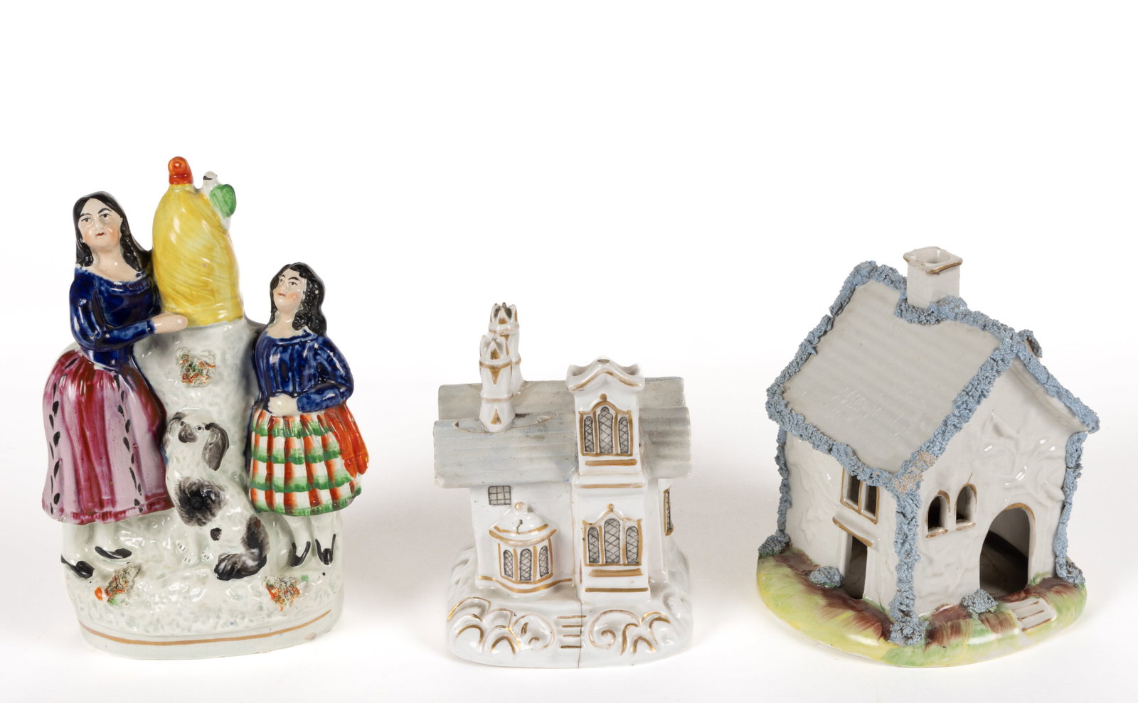 ENGLISH STAFFORDSHIRE HAND-PAINTED CERAMIC FIGURAL ARTICLES, LOT OF THREE (1 of 3)