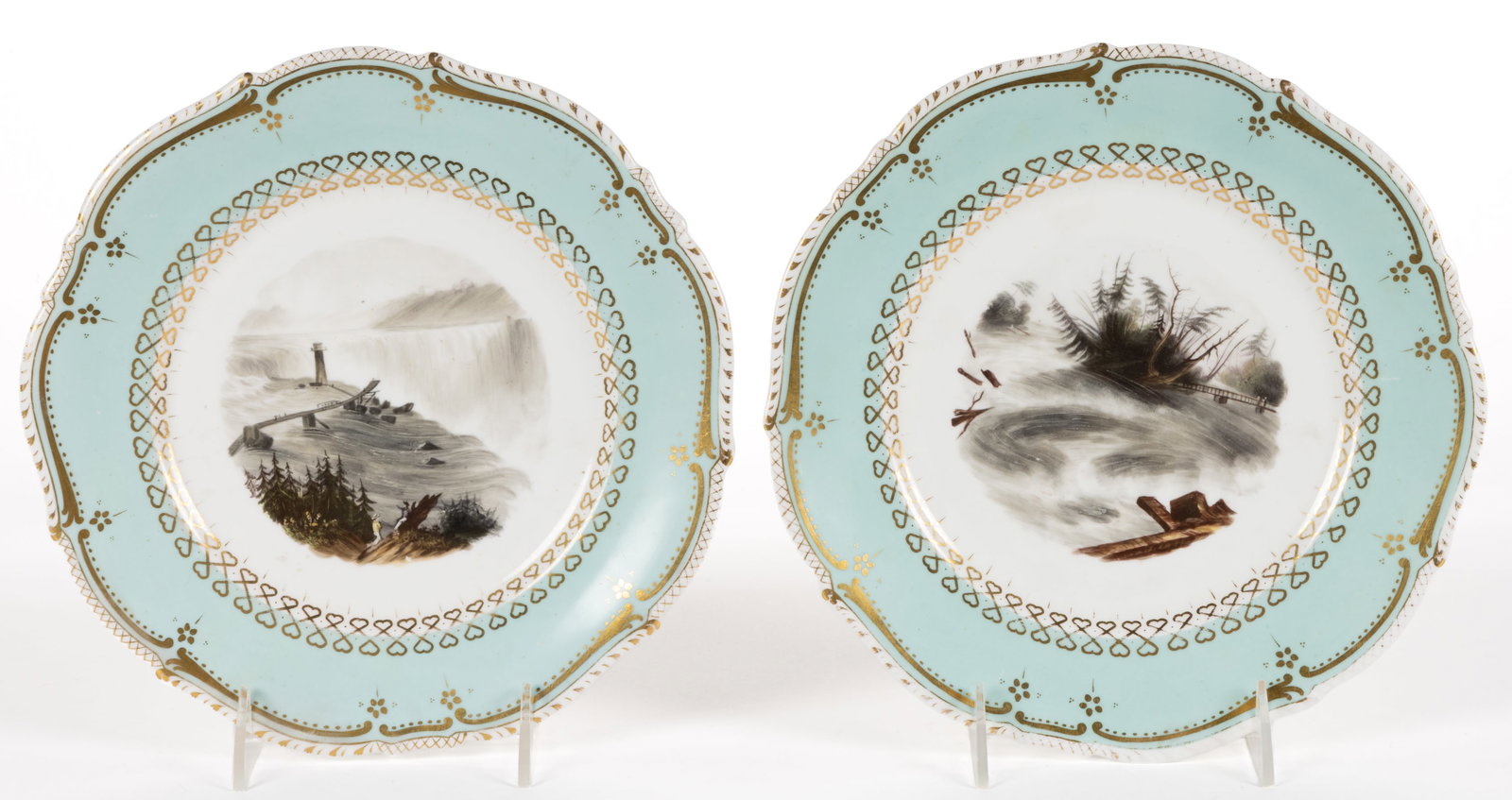 ENGLISH PORCELAIN HAND-PAINTED NIAGARA FALLS PLATES, LOT OF TWO (1 of 2)