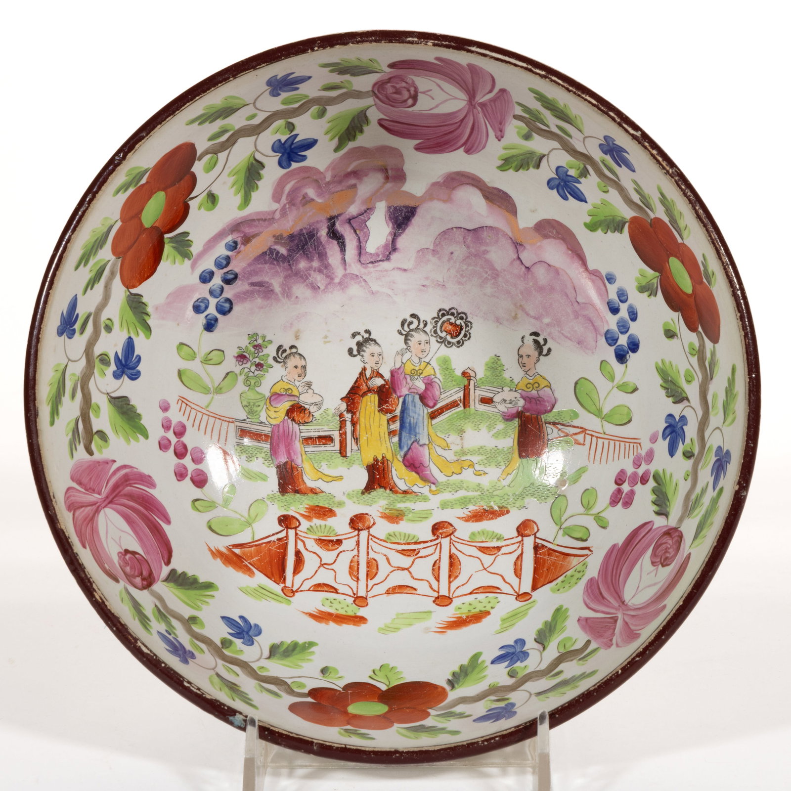 ENGLISH HAND-PAINTED AND CHINOISERIE TRANSFER-PRINTED MOTIF CERAMIC PUNCH BOWL (1 of 5)