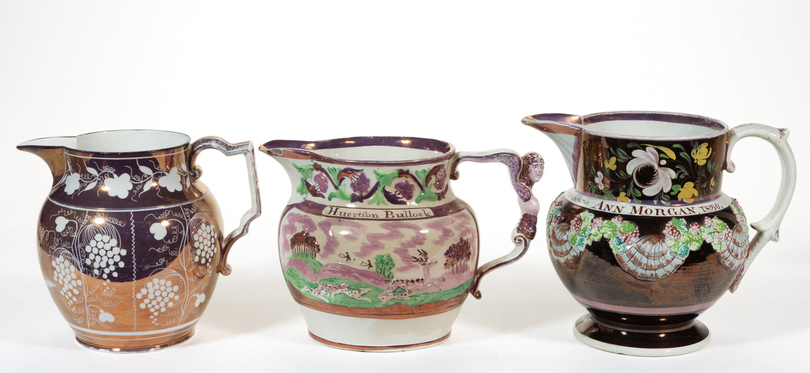 BRITISH PINK LUSTRE PRESENTATION CERAMIC JUGS / PITCHERS, LOT OF THREE (1 of 4)