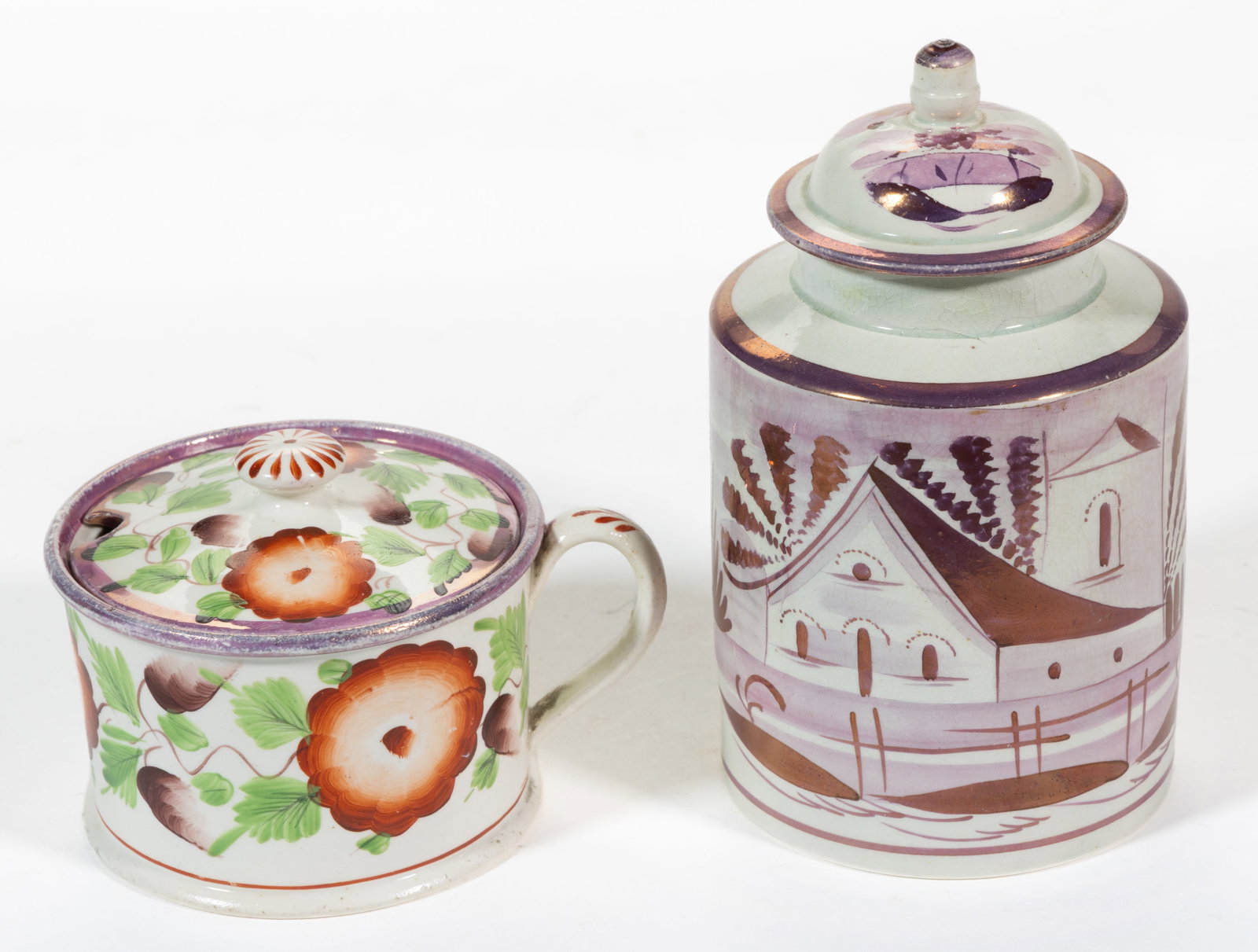 BRITISH PINK LUSTRE HAND-PAINTED CERAMIC COVERED ARTICLES, LOT OF TWO: BRITISH PINK LUSTRE HAND-PAINTED CERAMIC COVERED ARTICLES, LOT OF TWO, comprising a mustard pot having bold polychrome floral design and a wooden spoon and a cylindrical-form tea caddy depicting a str