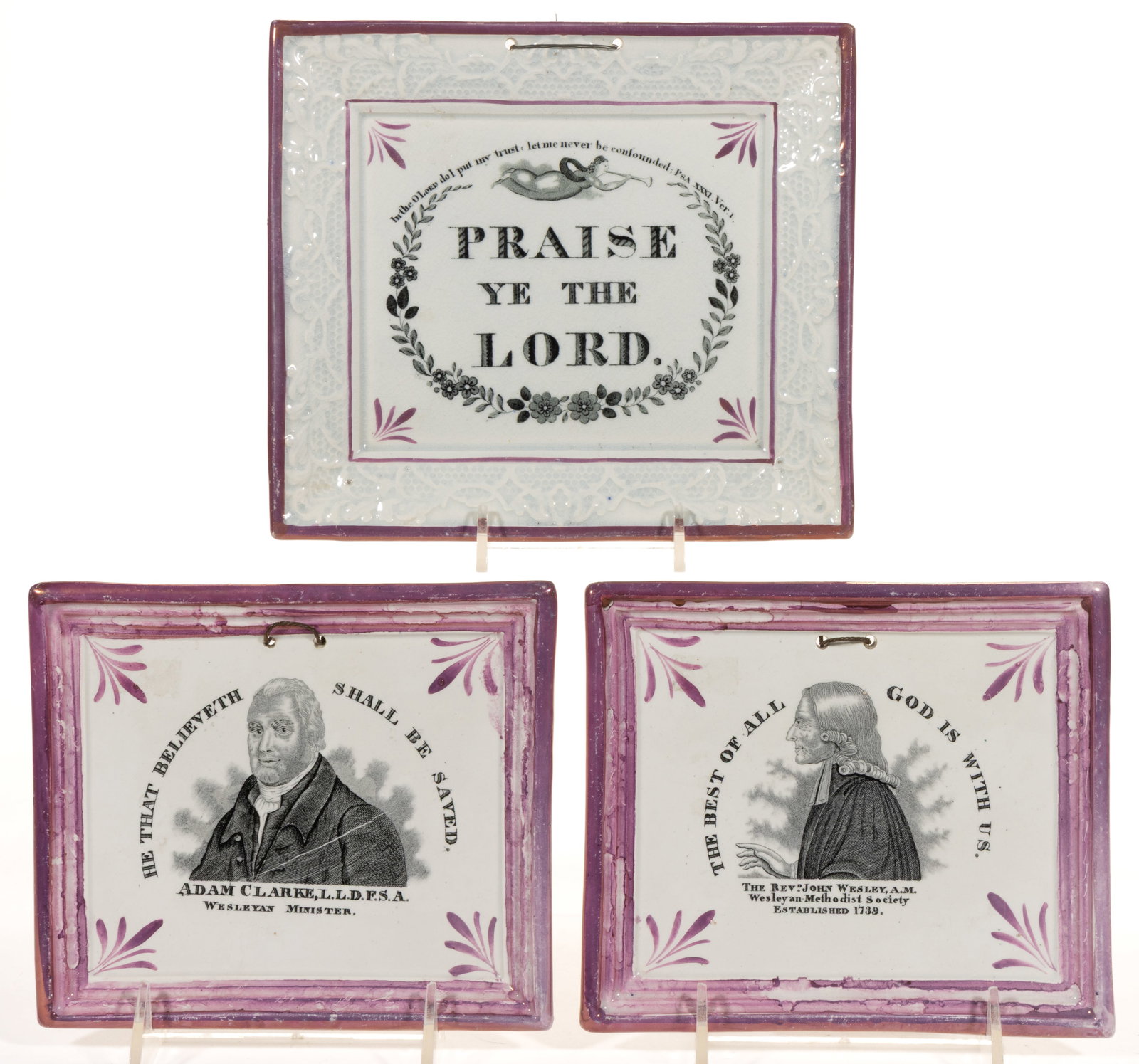 ENGLISH SUNDERLAND TRANSFER-PRINTED PINK LUSTRE RELIGIOUS MOTIF CERAMIC PLAQUES, LOT OF THREE (1 of 2)