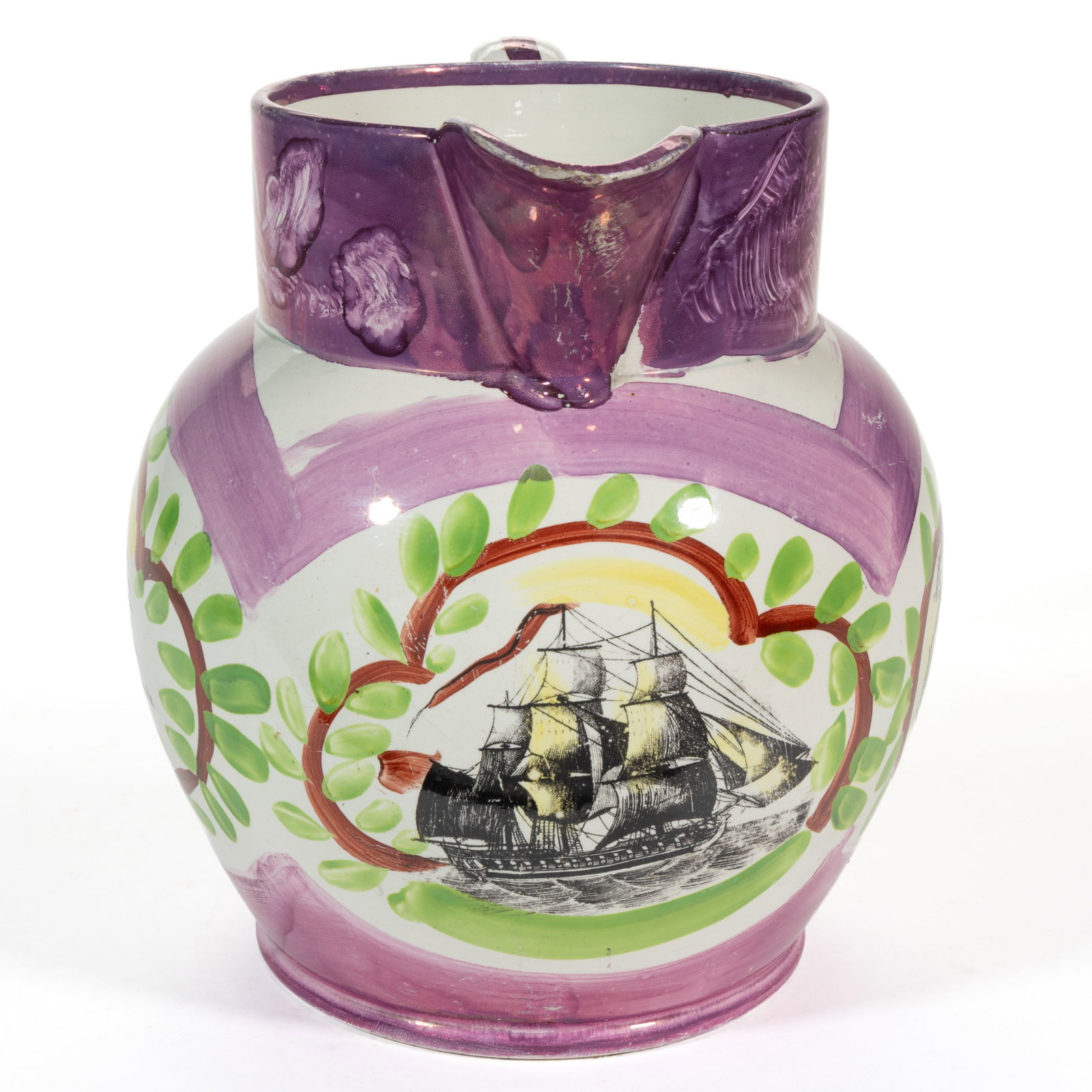 ENGLISH SUNDERLAND TRANSFER-PRINTED PINK LUSTRE CERAMIC LARGE JUG / PITCHER (1 of 5)