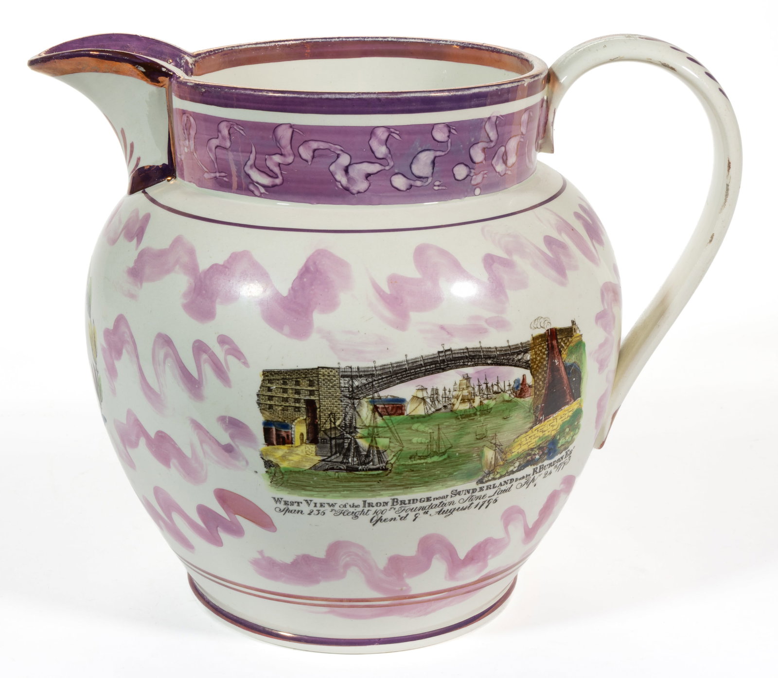 ENGLISH SUNDERLAND TRANSFER-PRINTED PINK LUSTRE CERAMIC LARGE JUG / PITCHER (1 of 5)