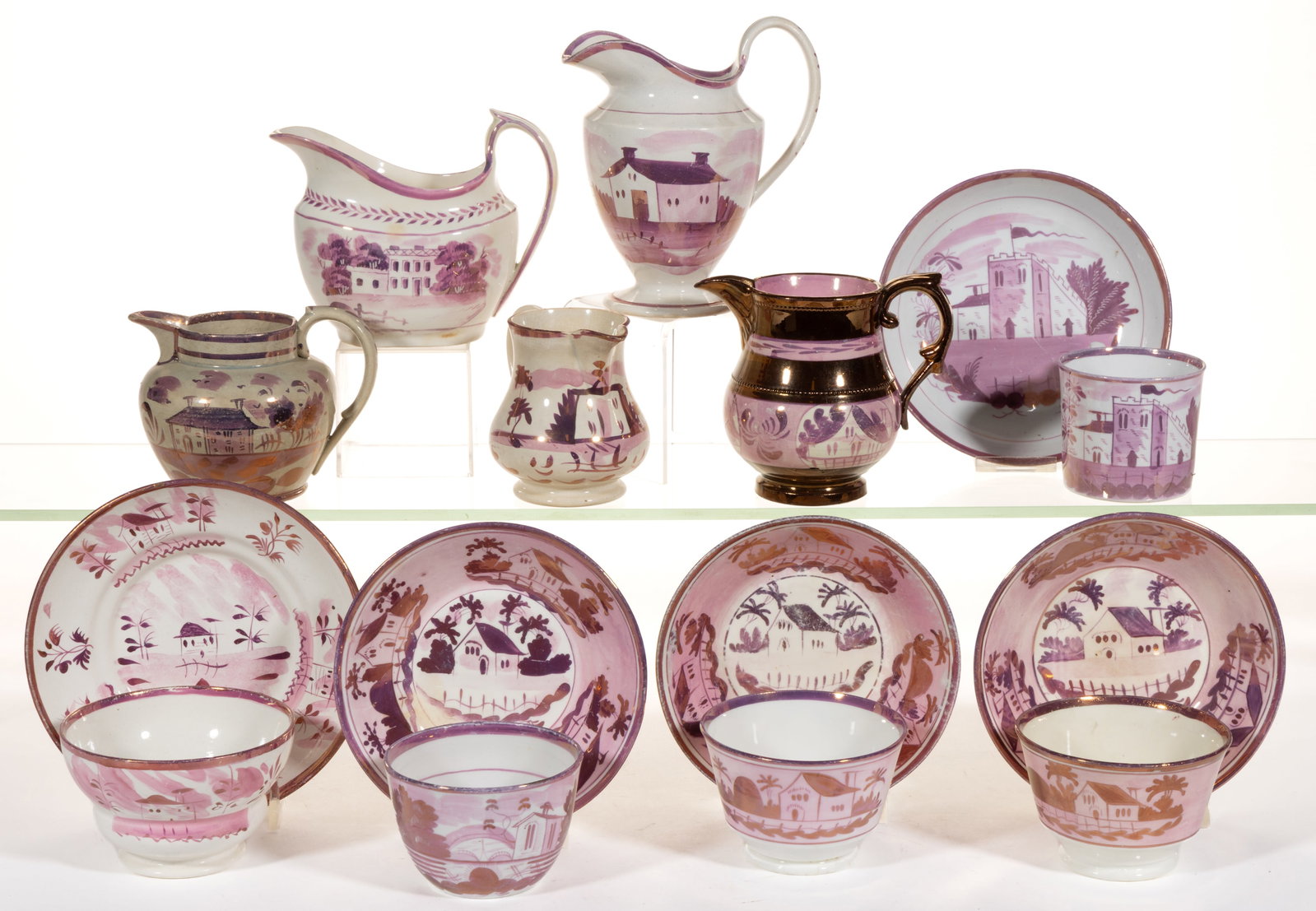 BRITISH PINK LUSTRE COTTAGE MOTIF CERAMIC TEA ARTICLES, LOT OF 11 (1 of 1)
