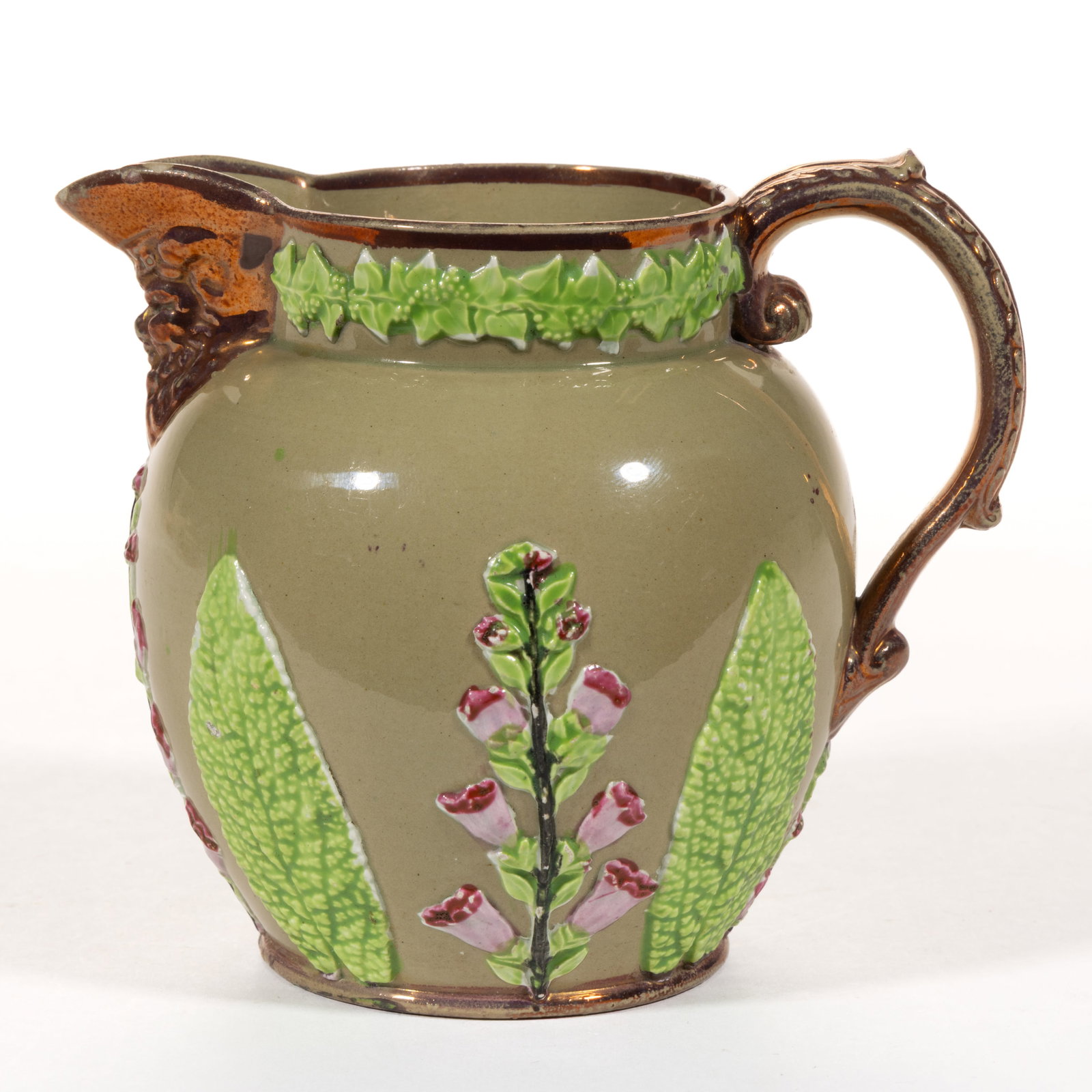 BRITISH RELIEF-MOLDED PINK LUSTRE CERAMIC JUG / PITCHER (1 of 5)