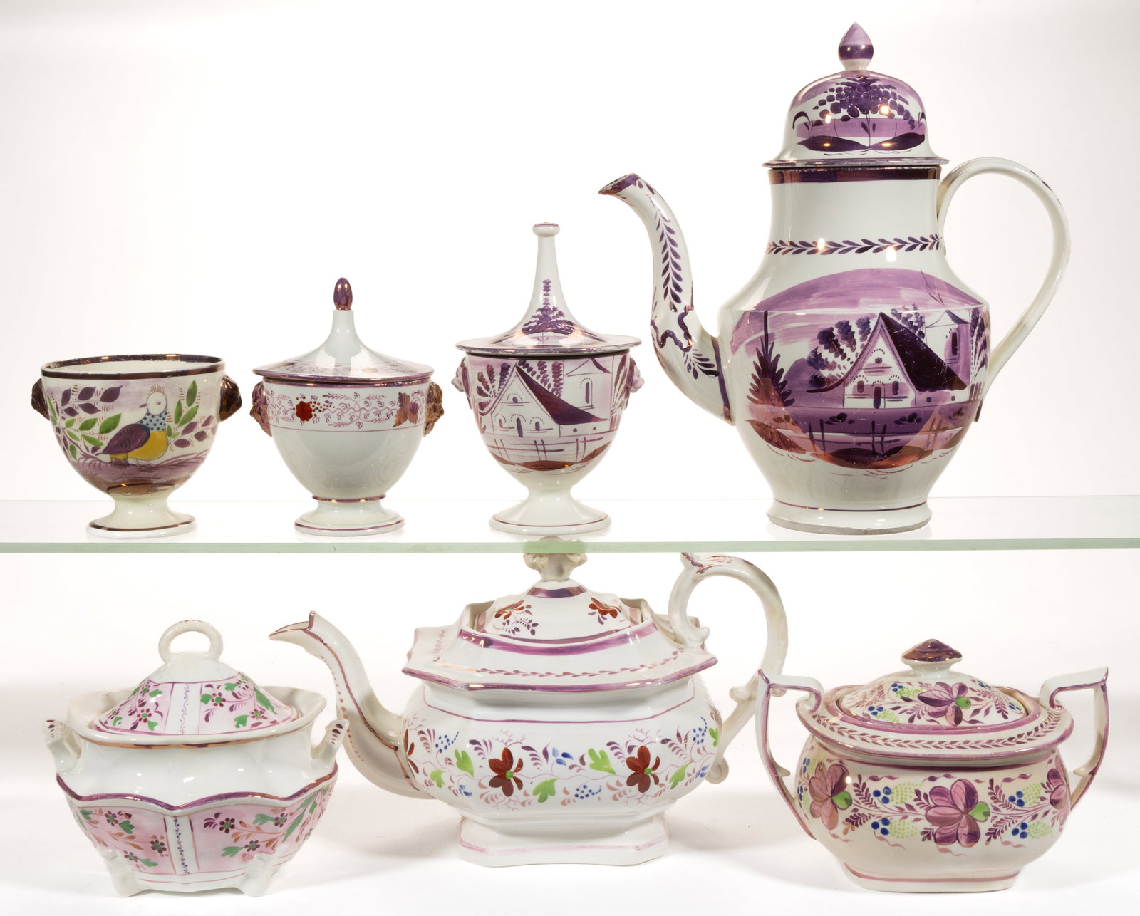 BRITISH PINK LUSTRE HAND-PAINTED CERAMIC COFFEE AND TEA ARTICLES, LOT OF SEVEN: BRITISH PINK LUSTRE HAND-PAINTED CERAMIC COFFEE AND TEA ARTICLES, LOT OF SEVEN, comprising a baluster-form coffee pot with domed cover and having cottage motif depicting a high-pitched roof house