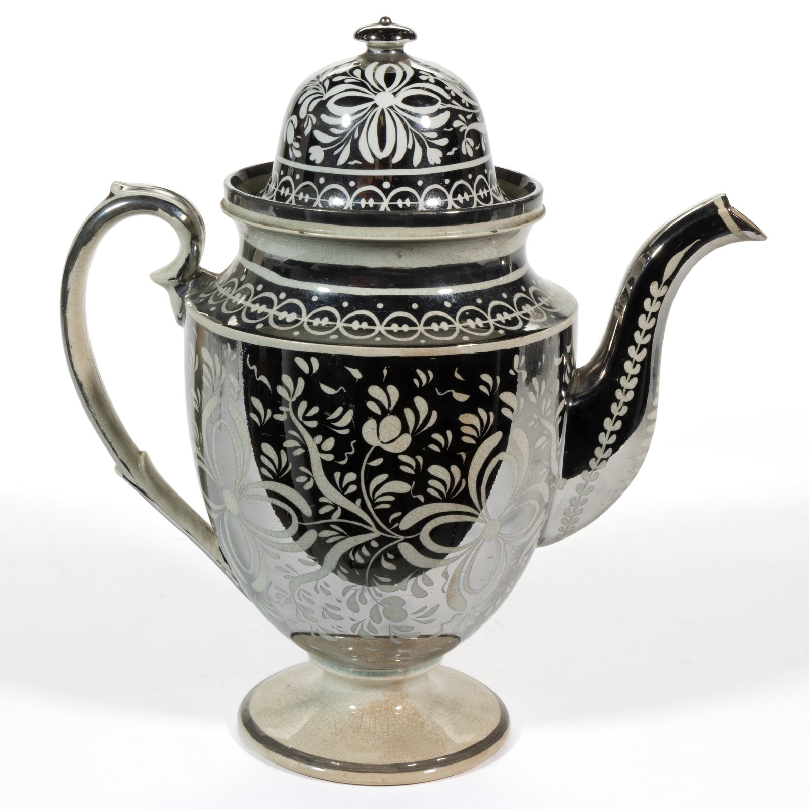 ENGLISH SILVER LUSTRE RESIST-DECORATED CERAMIC COFFEE POT (1 of 3)
