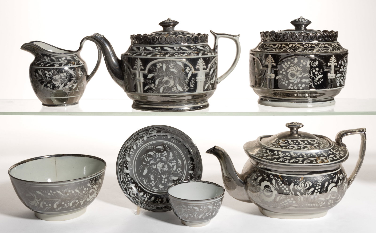 ENGLISH SILVER LUSTRE RESIST-DECORATED CERAMIC TEA ARTICLES, LOT OF SEVEN (1 of 1)