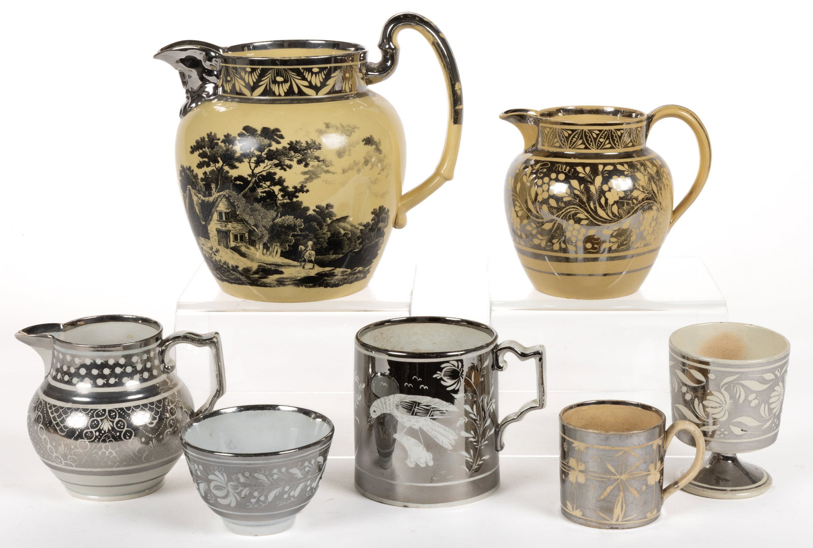 BRITISH PEARLWARE SILVER LUSTRE CERAMIC DRINKING ARTICLES, LOT OF SEVEN (1 of 1)
