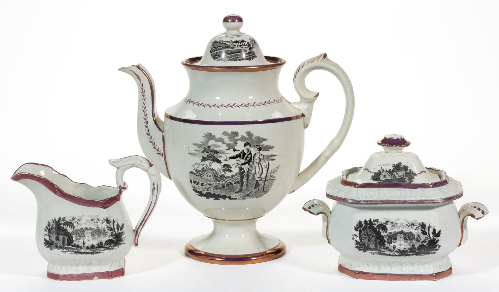 BRITISH LUSTRE-DECORATED AND TRANSFER-PRINTED COFFEE AND TEA ARTICLES, LOT OF THREE: BRITISH LUSTRE-DECORATED AND TRANSFER-PRINTED COFFEE AND TEA ARTICLES, LOT OF THREE, each having black transfer scenes with pink lustre accents, comprising a baluster-form coffee pot with domed cover 