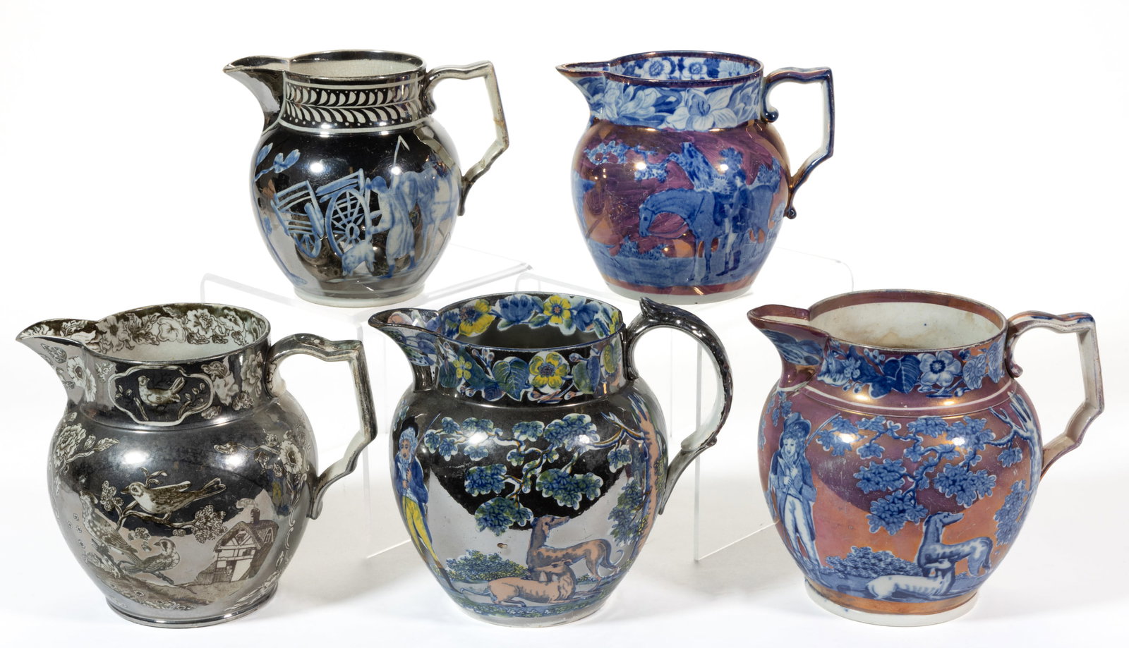 BRITISH PEARLWARE LUSTRE-DECORATED AND TRANSFER-PRINTED CERAMIC JUGS / PITCHERS, LOT OF FIVE (1 of 3)