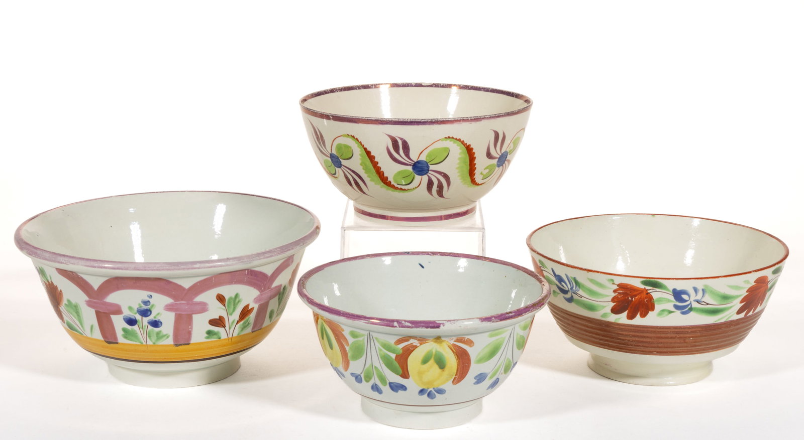BRITISH LUSTRE AND HAND-PAINTED FLORAL MOTIF CERAMIC BOWLS, LOT OF FOUR (1 of 4)