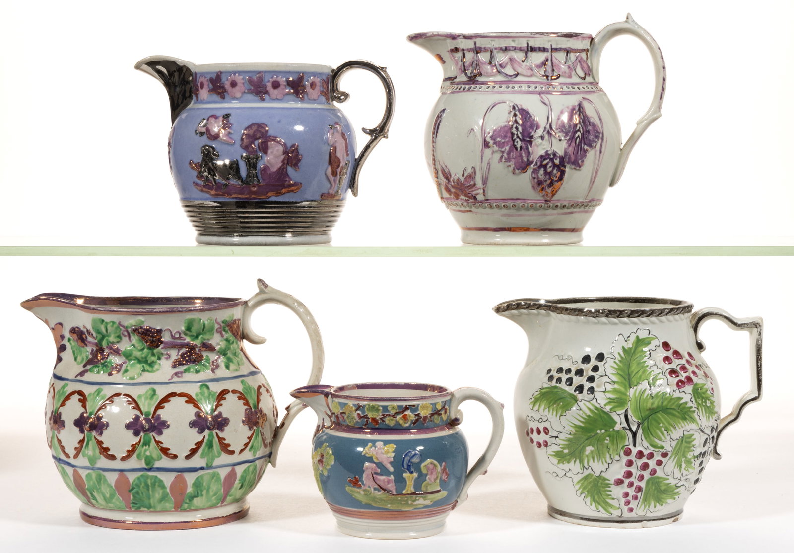 BRITISH RELIEF-MOLDED LUSTRE-DECORATED CERAMIC JUGS / PITCHERS, LOT OF FIVE (1 of 2)