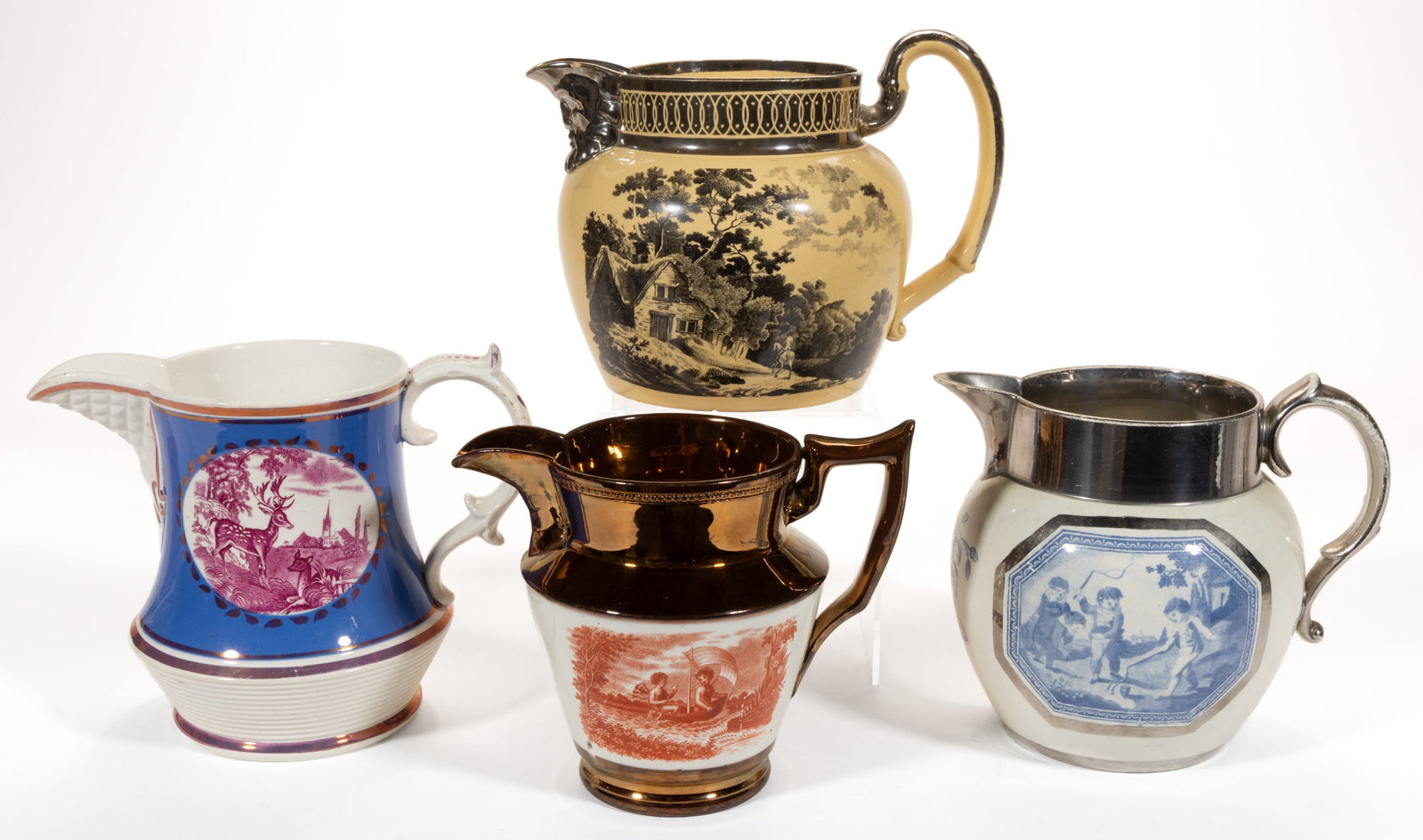 BRITISH LUSTRE-DECORATED AND TRANSFER-PRINTED CERAMIC JUGS / PITCHERS, LOT OF FOUR (1 of 2)