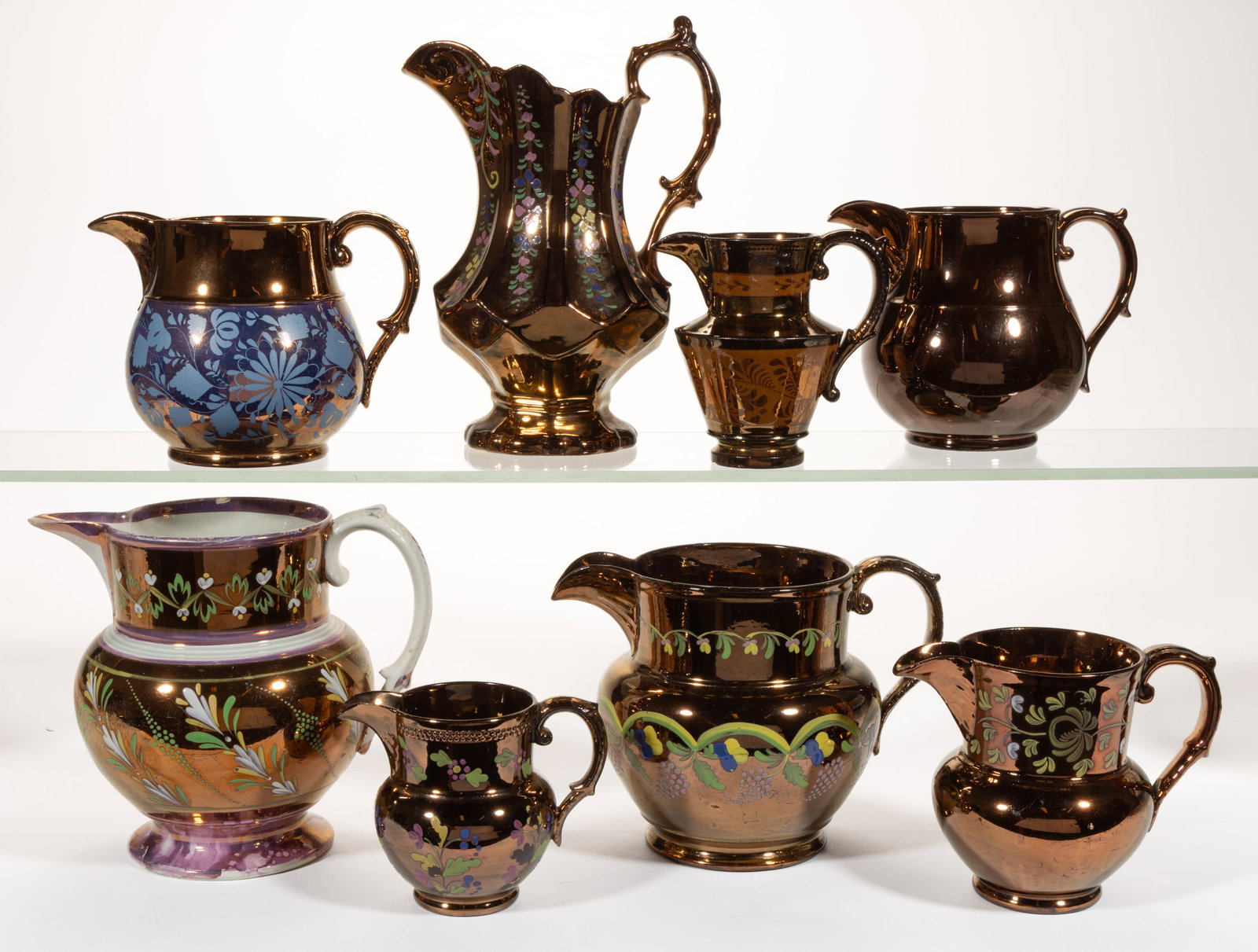 BRITISH COPPER LUSTRE CERAMIC JUGS / PITCHERS, LOT OF EIGHT (1 of 1)