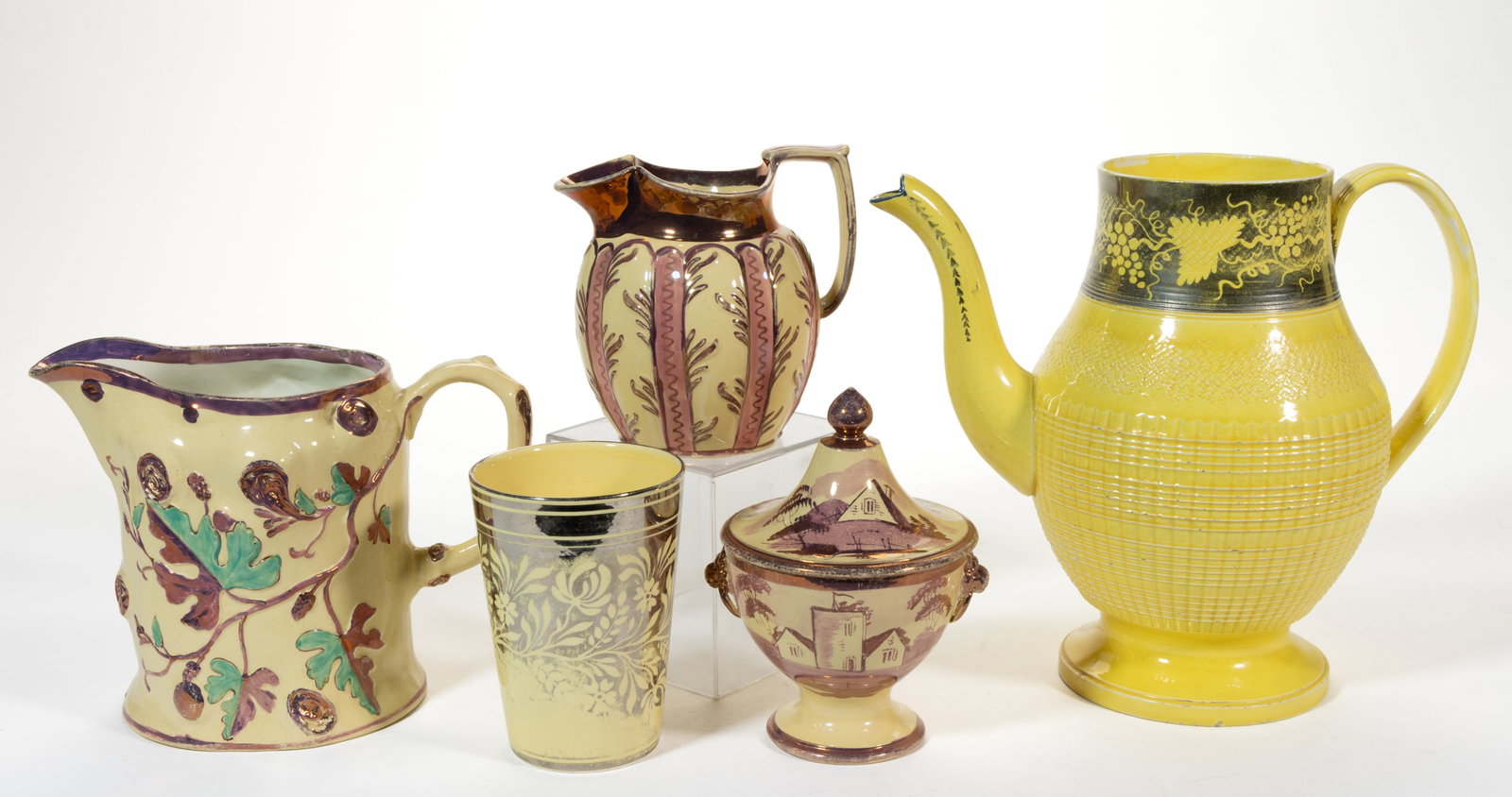 BRITISH CANARY AND YELLOW-GLAZED HAND-PAINTED CERAMIC COFFEE AND TABLE ARTICLES, LOT OF FIVE (1 of 2)